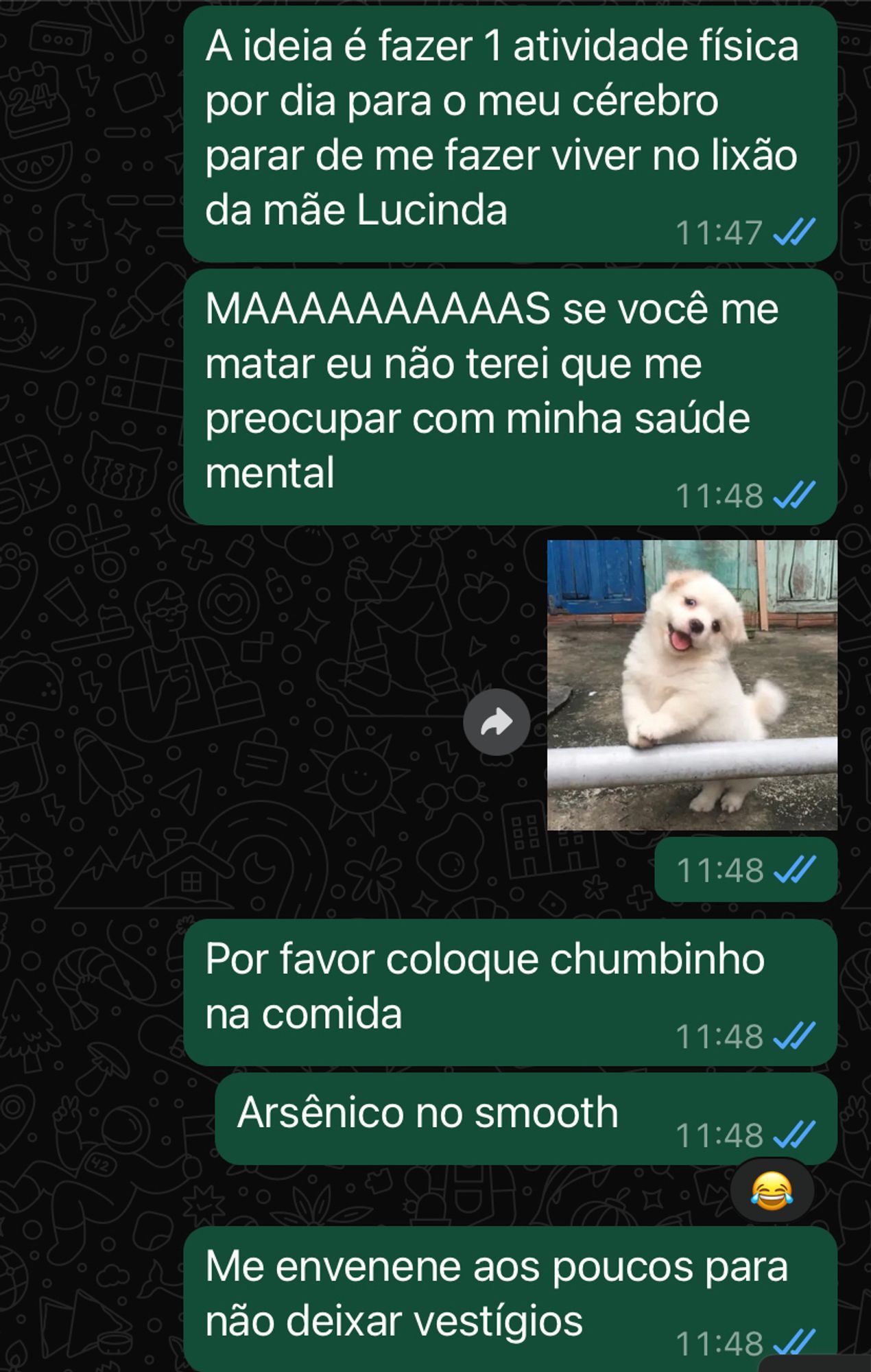 Print do WhatsApp. Minhas mensagens:
A ideia é fazer 1 atividade física por dia para o meu cérebro parar de me fazer viver no lixão da mãe Lucinda. 
MAAAAAAAAAAS se você me matar eu não terei que me preocupar com minha saúde mental. 
<figurinha de filhote de cachorro sorrindo>
Por favor coloque chumbinho na comida
Arsênico no smooth
Me envenene aos poucos para não deixar vestígios