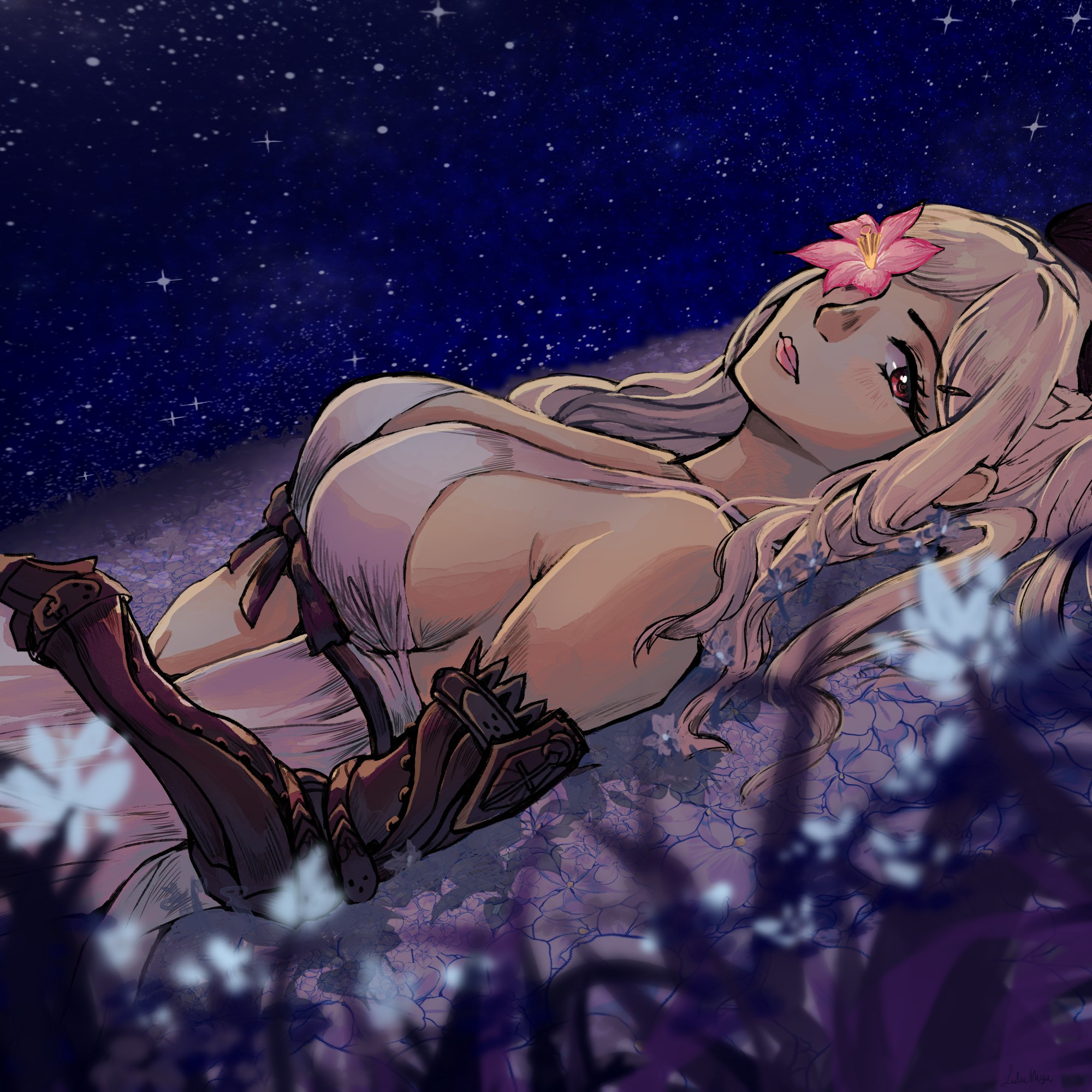 A drawing of Zero from Drakengard 3 laying in a field of purple and blue flowers under the night sky, and looking at the viewer.