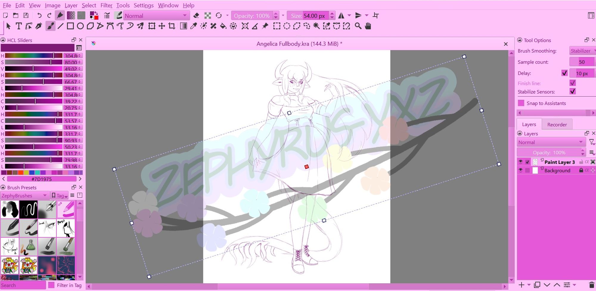 Screenshot of an unfinished full body WIP sketch of Angelica, Zeph's character.