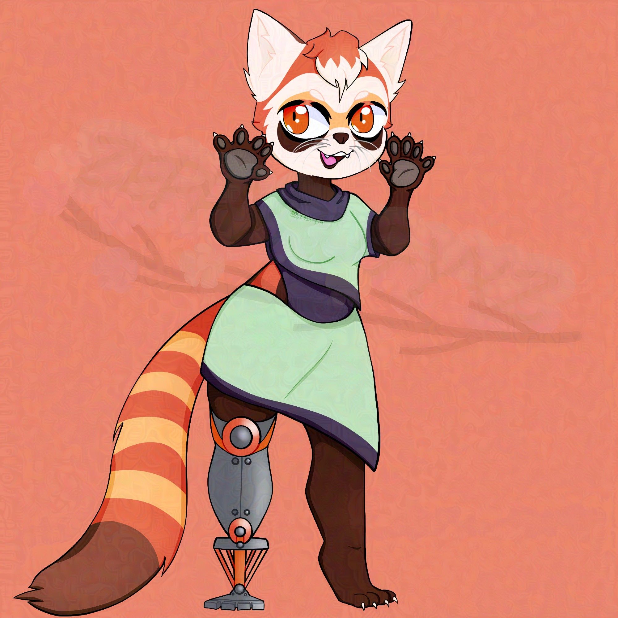 A full body illustration of Tamayuni, Zeph's character. Tamayuni is an anthropomorphic red panda. She has fluffy fur with warm off-white, orange, and brown colors. Tamayuni's outfit consists of dark purple and light green, drap-like garments over a dark purple bodysuit. Her right leg is a mechanical prosthetic. This image is Glazed.