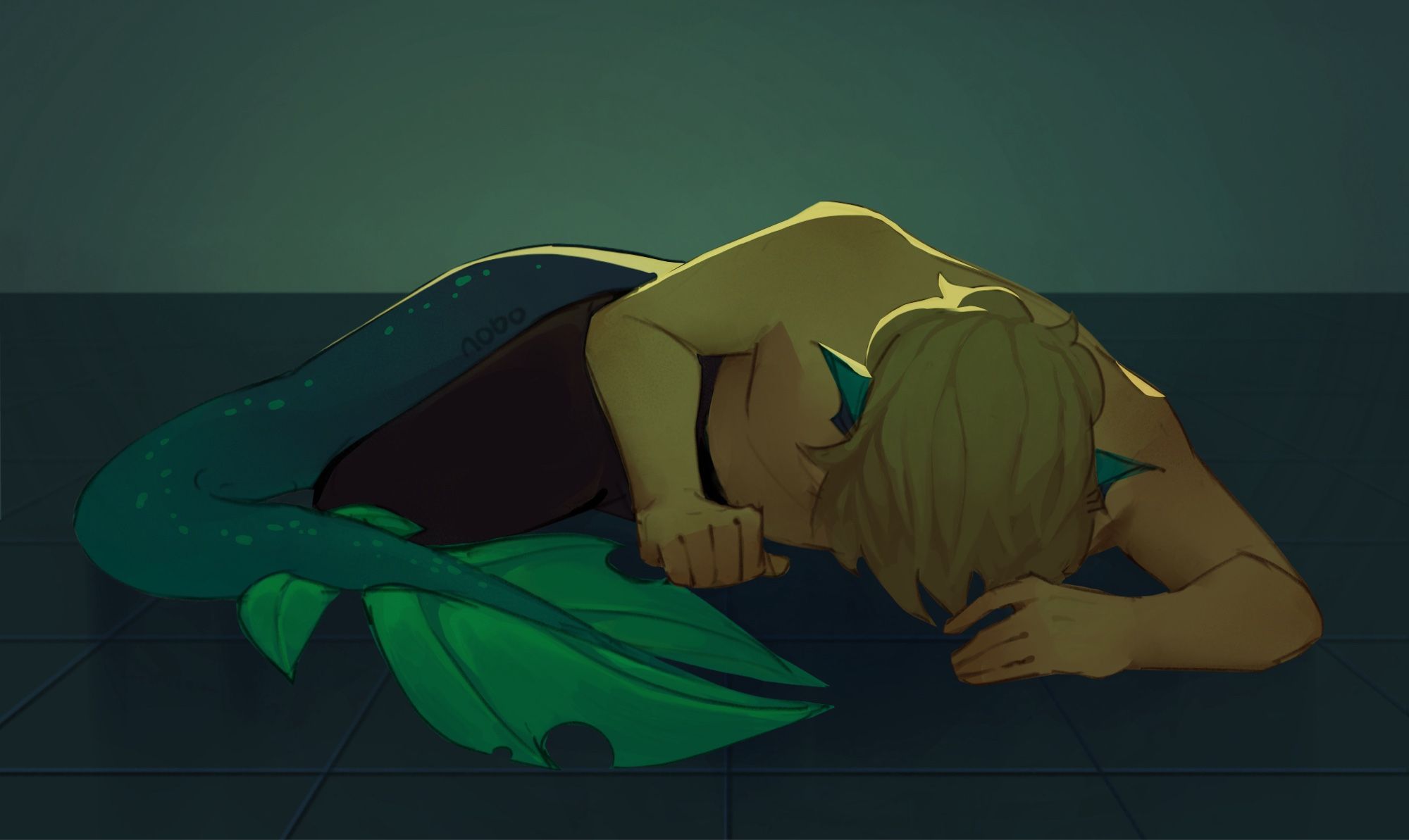 A drawing of a man with blonde hair, an aquatic tail, and finned ears, lying on the ground with his shoulders hunched, supporting himself with his arms.