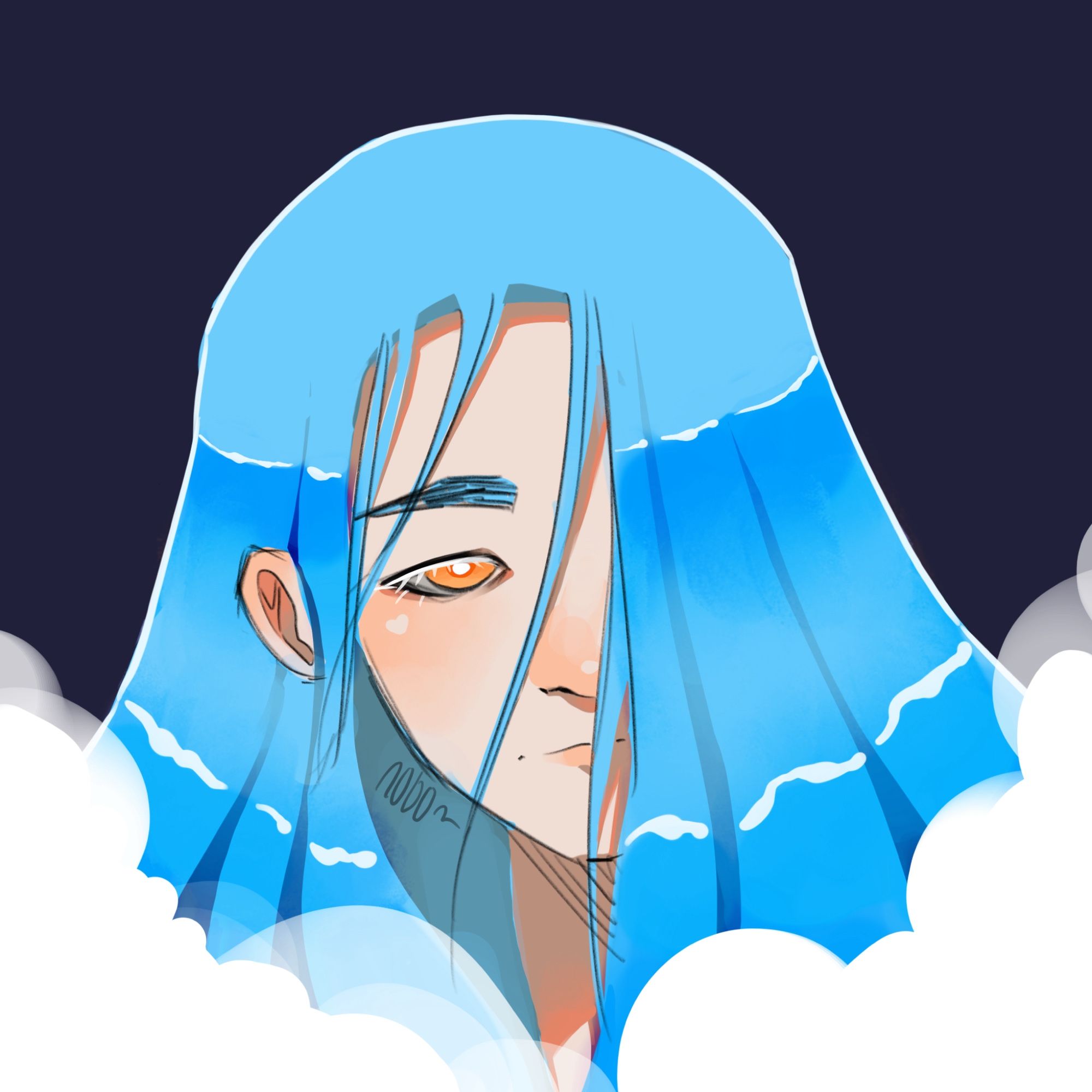 A portrait surrounded in clouds of a girl with water-like blue hair, white eyelashes and a bright orange eye.