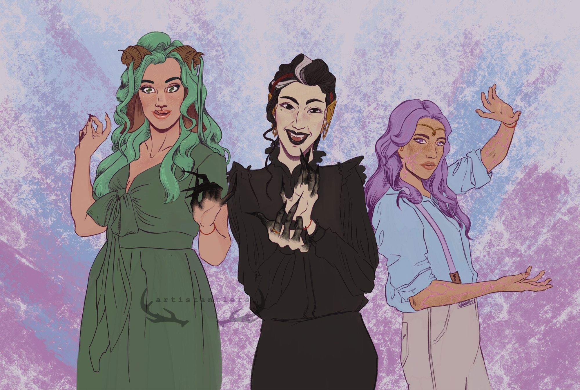 A drawing of the YouTube thumbnail from critical role campaign 3 episode 77. Fearne, Laudna, and Imogen stand side by side dressed as Ashley Johnson, Marisha Ray, and Laura Bailey.