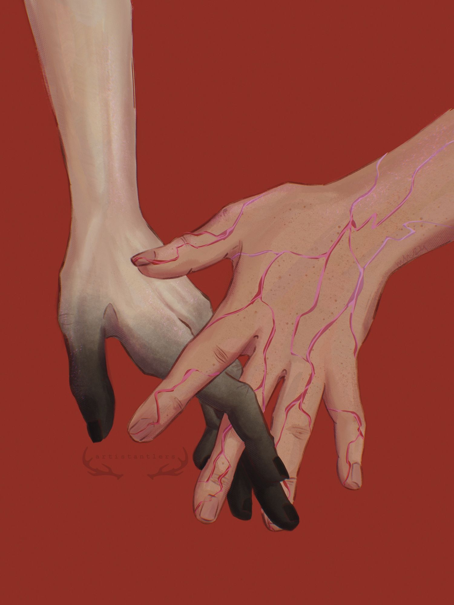 a digital painting of Laudna and Imogen's hands with some of their fingers intertwined, on a solid red background.