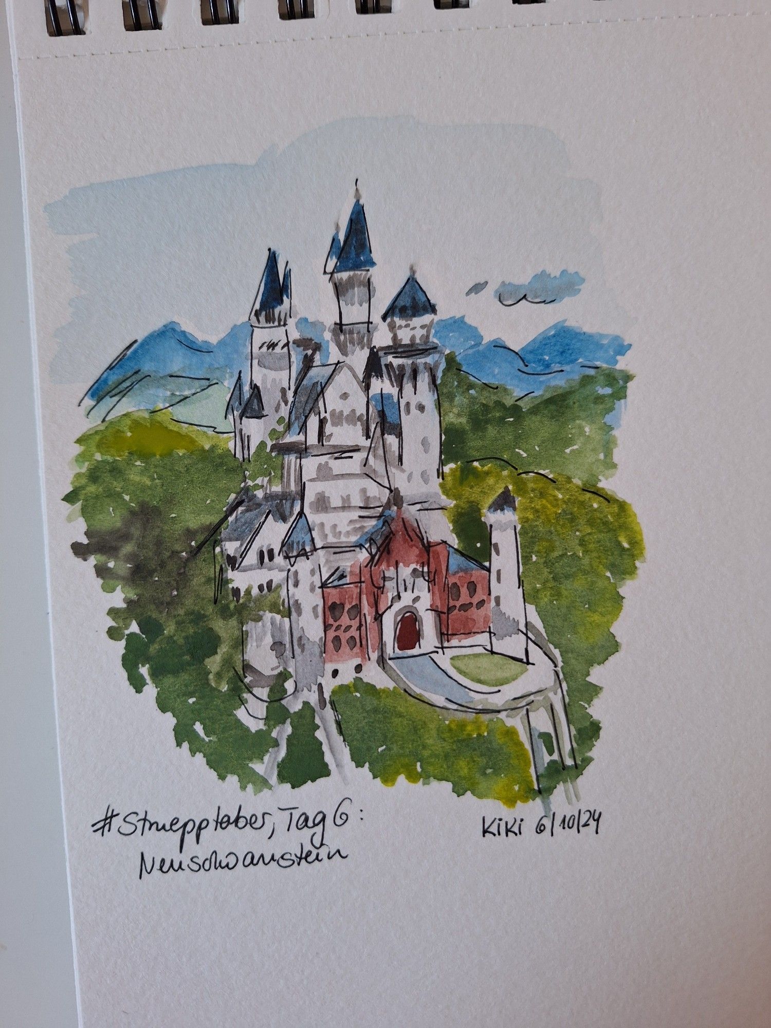 Schnelles, schiefes Aquarell des Schlosses Neuschwanstein vor Wald und Bergen