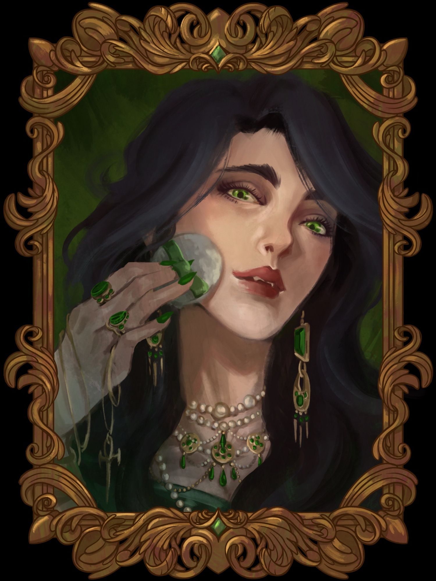 A vampire touches up her makeup, framed by a rococo frame