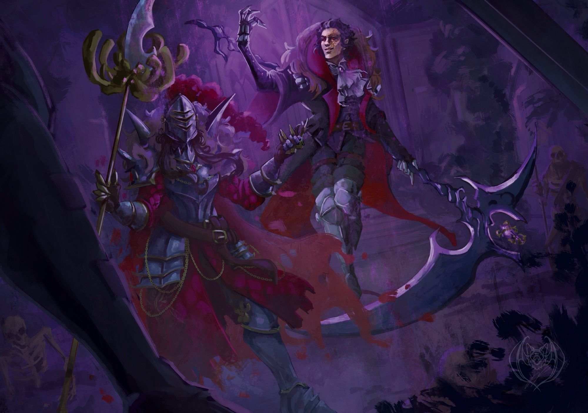 Two vampires face an unknown assailant and mock said assailant. One of them is floating and holds a scythe, the other is an armour clad female warrior.