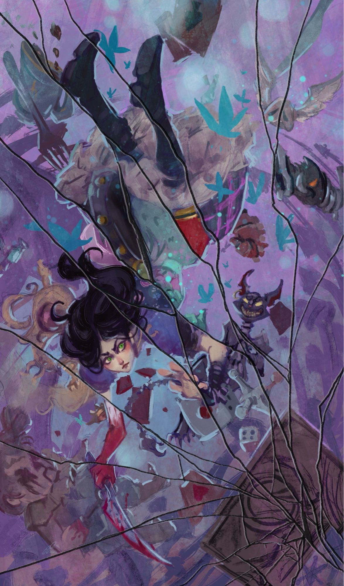 Alice from AMR falls down the rabbit hole into wonderland, the weapons from the game surround her along with some enemies and cheshire the cat. The glass is broken and shows her different clothes