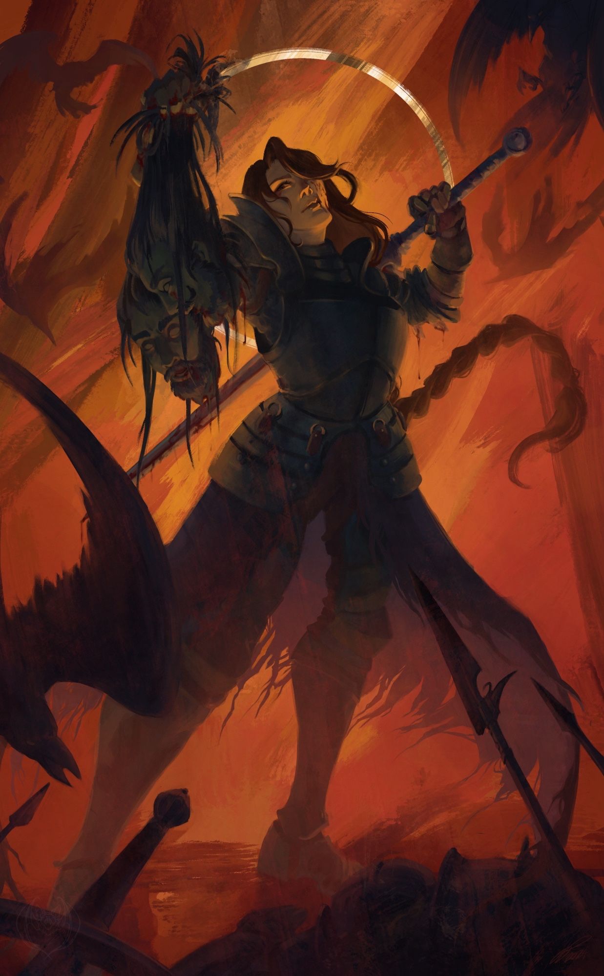 A female knight holds up decapitated heads amidst raging fire, weapons from fallen enemies surround her and crows fly around