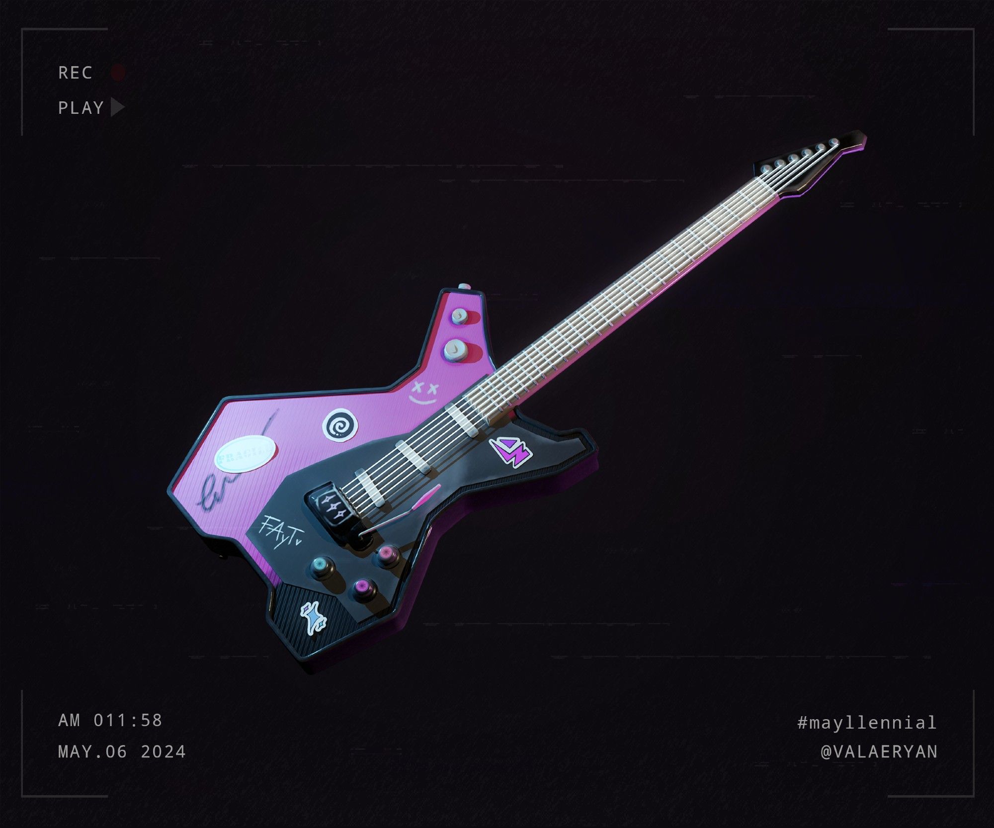 3D render or a black and pink electric guitar with stickers on the front.