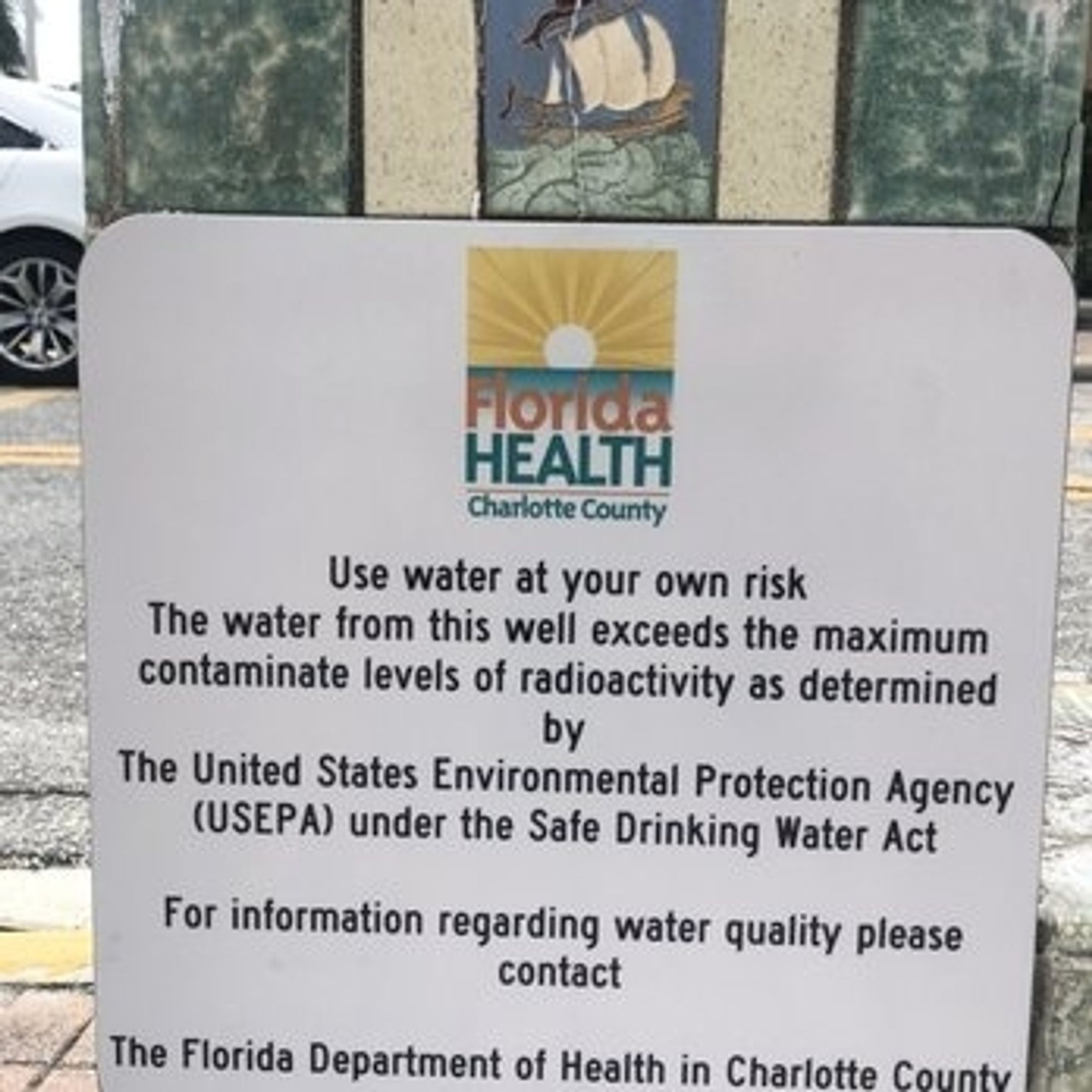 A sign on a water fountain warning potential users : use water at your own risk. The water from this well exceeds the maximum contaminate levels of radioactivity as determined by the United States environmental protection agency ( usepa) under the sage drinking water act
For information regarding water quality please contact the Florida department of health in Charlotte county.