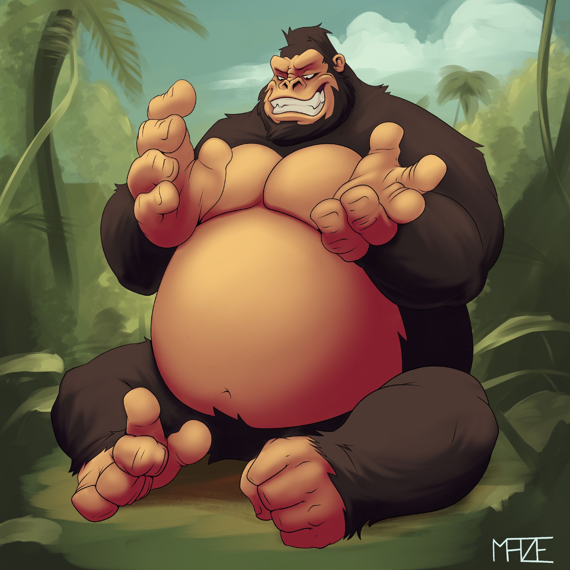 The man is a full gorilla. He is no longer wearing clothes and he is examining his hands and feet with a mischievous grin.
#FurryArt #MZart