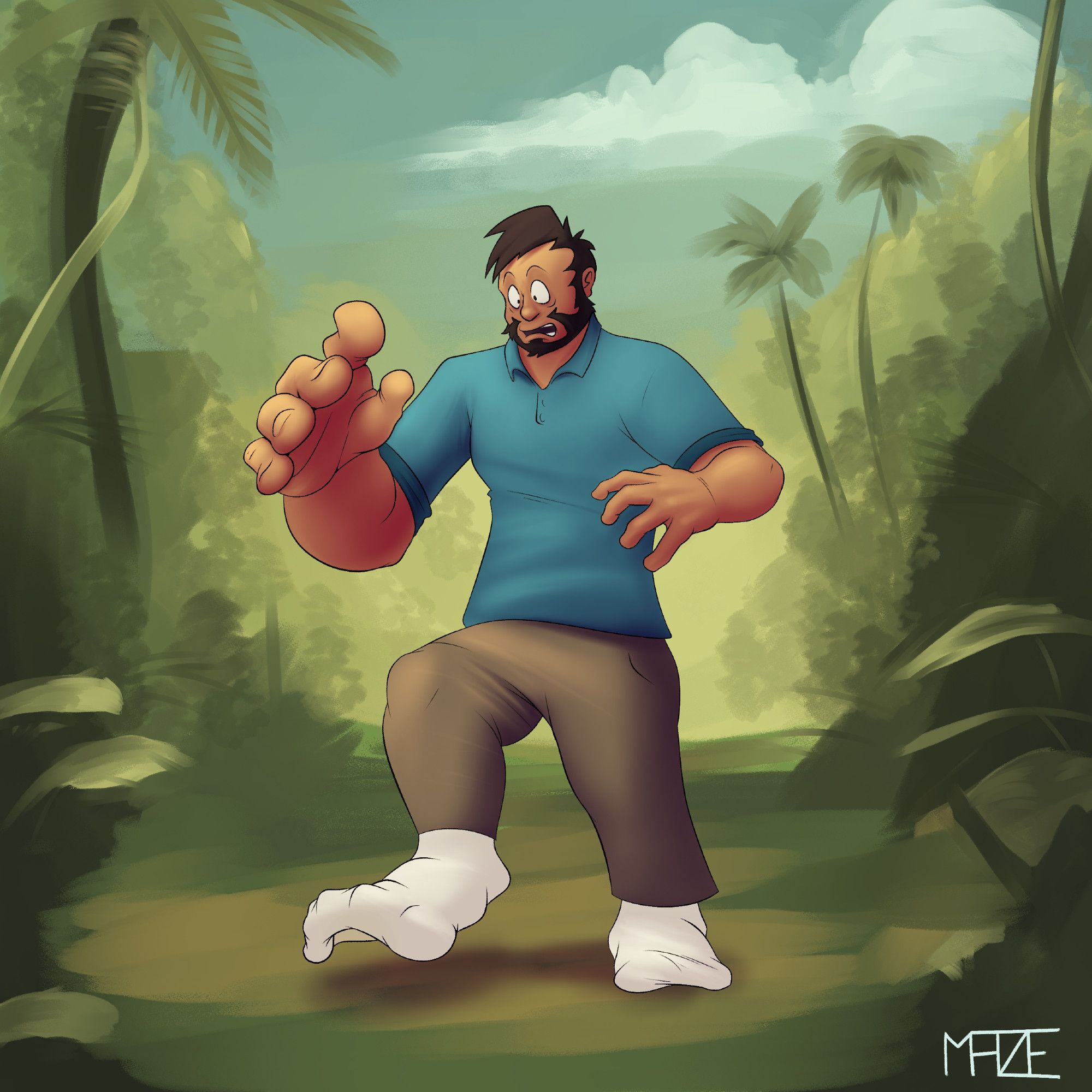 A man standing in a jungle raising a growing foot. His hand on the left side is much larger than the one on the right
#FurryArt #MZart