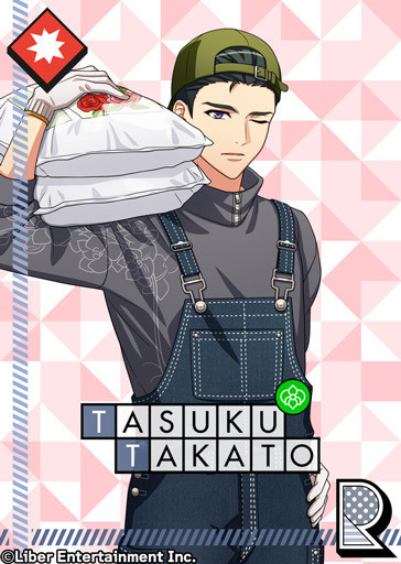 tasuku's unbloomed R card for sunny blanc, he's dressed as ran, wearing a gray sweater with a flower outline embroidered on his right sleeve, dark overalls and an olive hat backwards. he's holding two sacks of soil over his shoulder