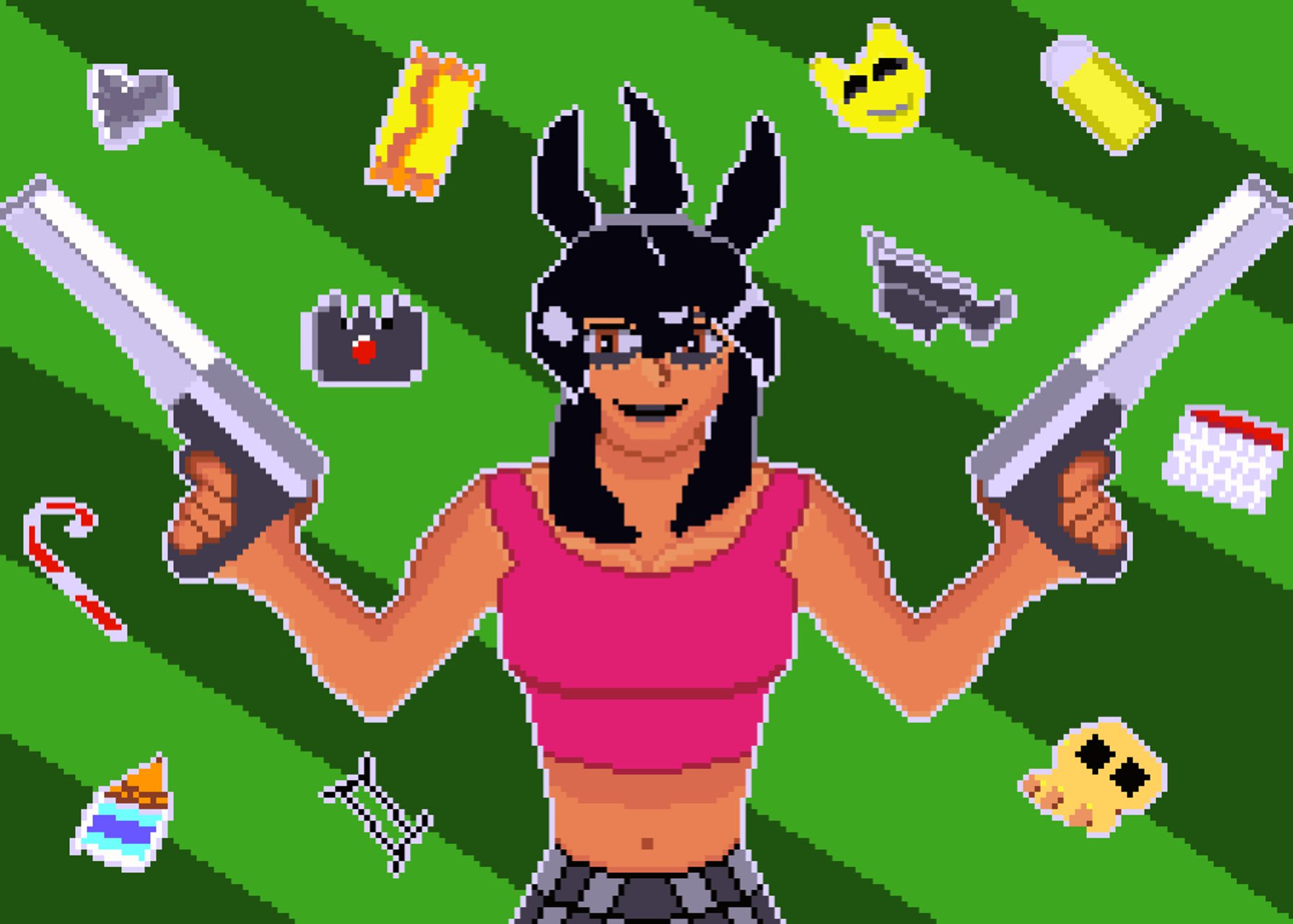 The image contains the pixel art of Jules, a character from the game Dead Estate, holding two magnums, one on each hand.