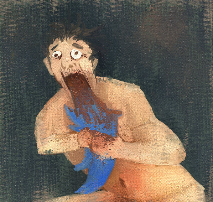 A crude painting of a naked Elon devouring twitter