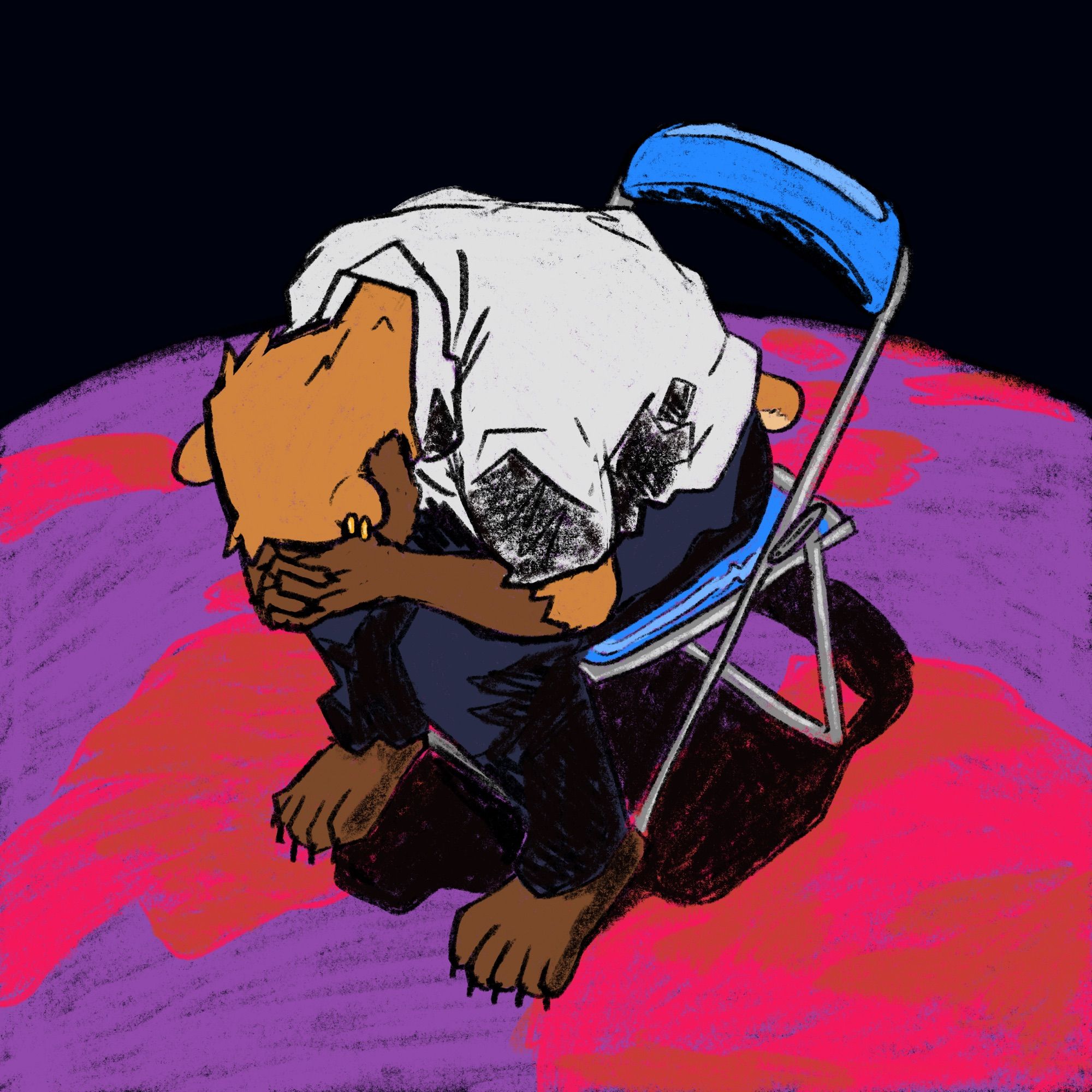 My fursona (a bear) sitting on a folding chair, leaning forwards with his head in his hands looking defeated