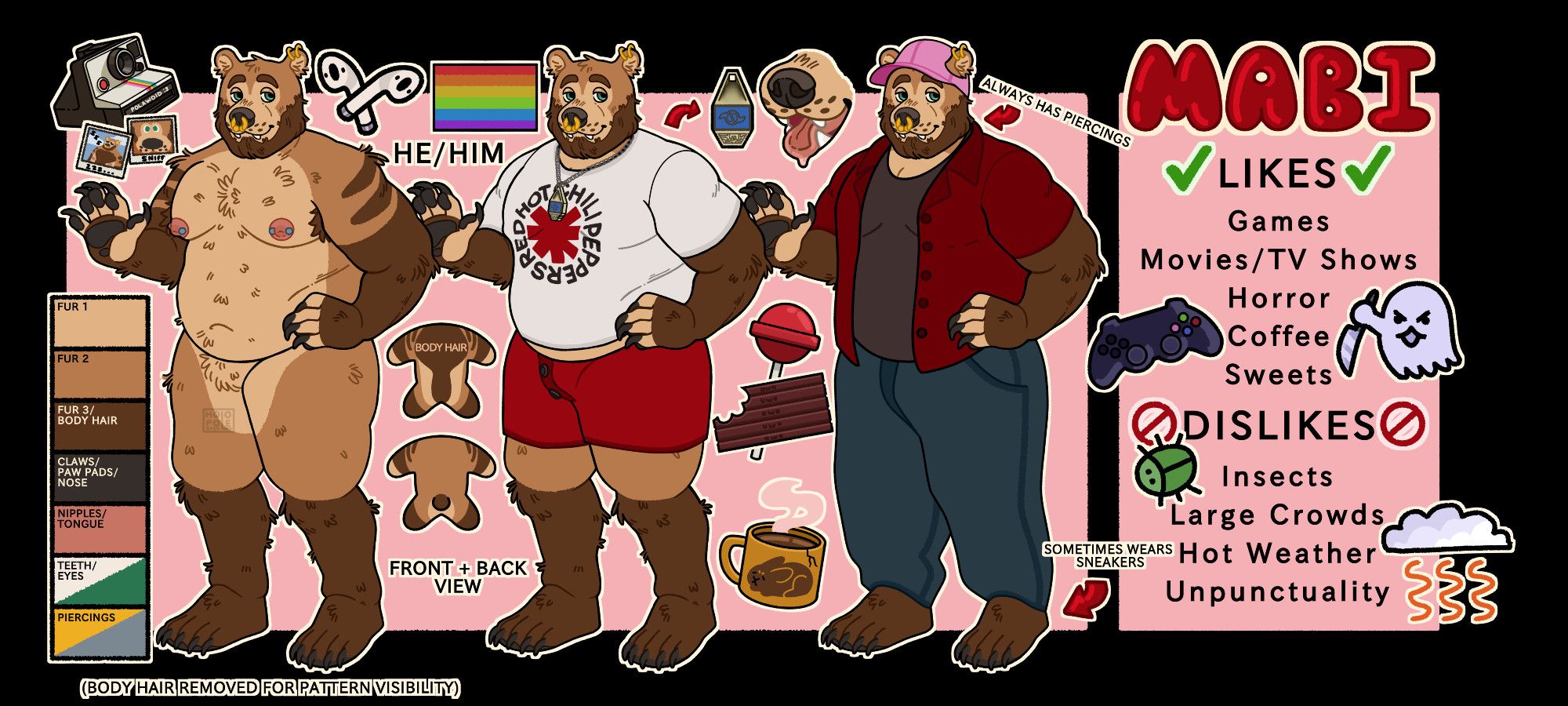 Reference sheet of my fursona showcasing his design and two outfits. He's a bear who likes games, movies, TV shows, horror, coffee and sweet stuff and dislikes insects, large crowds, hot weather and unpunctuality. The first outfit consists of a RHCP Shirt, Red Trunks and a Tag from Digimon with the crest of friendship. The second outfit consists of a dark undershirt with an open dark red button up shirt over it, a pair of pants and a pink cap. He also has a golden septum piercing, two golden rings on his left ear and silver piercing on each nipple.