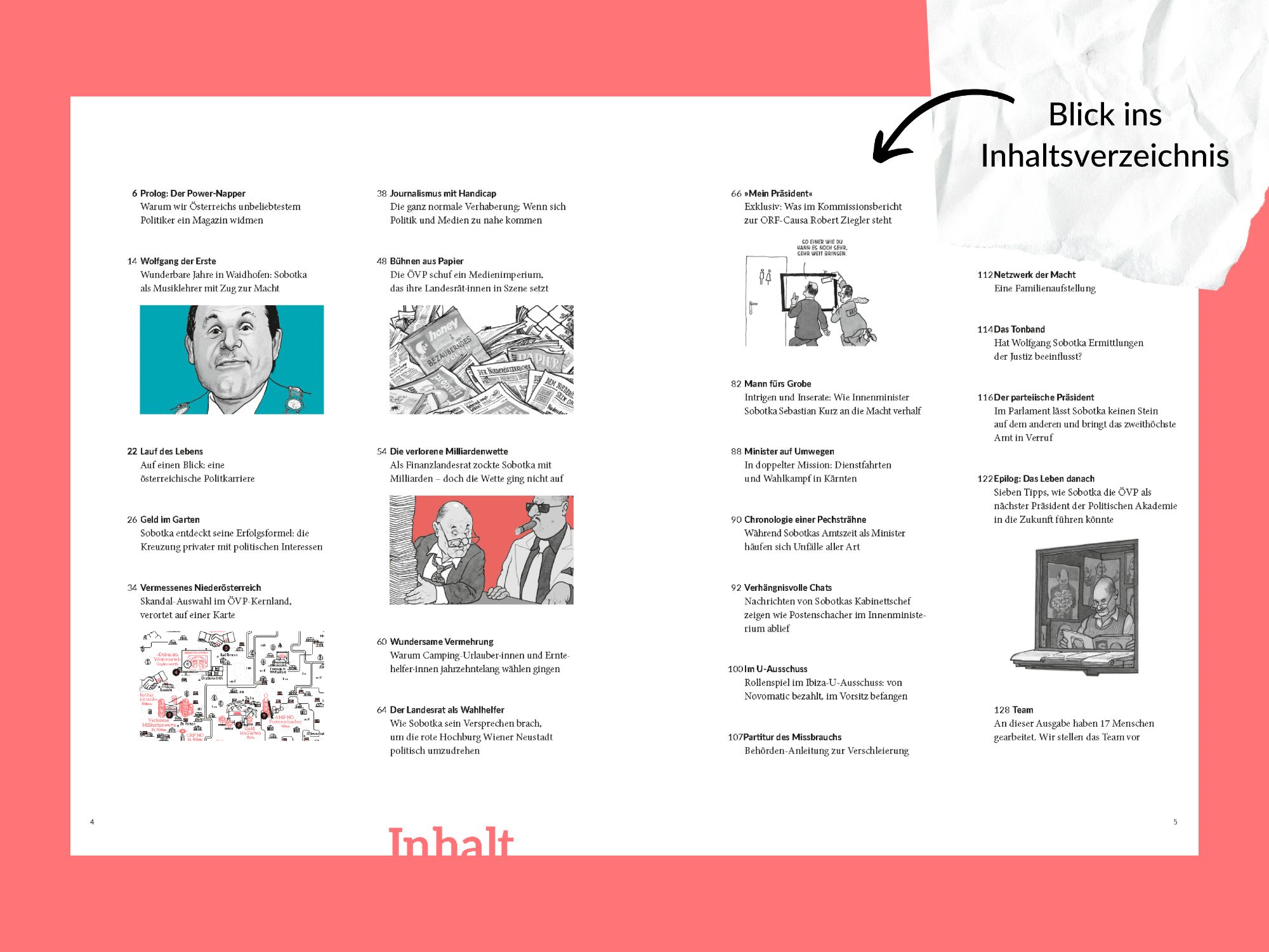 Blick ins Inhaltsverzeichnis des neuen DOSSIER-Magazins. Themen sind zum Beispiel: Prolog: Der Power-Napper, Warum wir Österreichs unbeliebtestem Politiker ein Magazin widmen; Wolfgang der Erste, Wunderbare Jahre in Waidhofen: Sobotka als Musiklehrer mit Zug zur Macht; Journalismus mit Handicap: Die ganz normale Verhaberung: Wenn sich Politik und Medien zu nahe kommen; Bühnen aus Papier, Die ÖVP schuf ein Medienimperium, das ihre Landesrät·innen in Szene setzt; »Mein Präsident«Exklusiv: Was im Kommissionsbericht zur ORF-Causa Robert Ziegler steht.