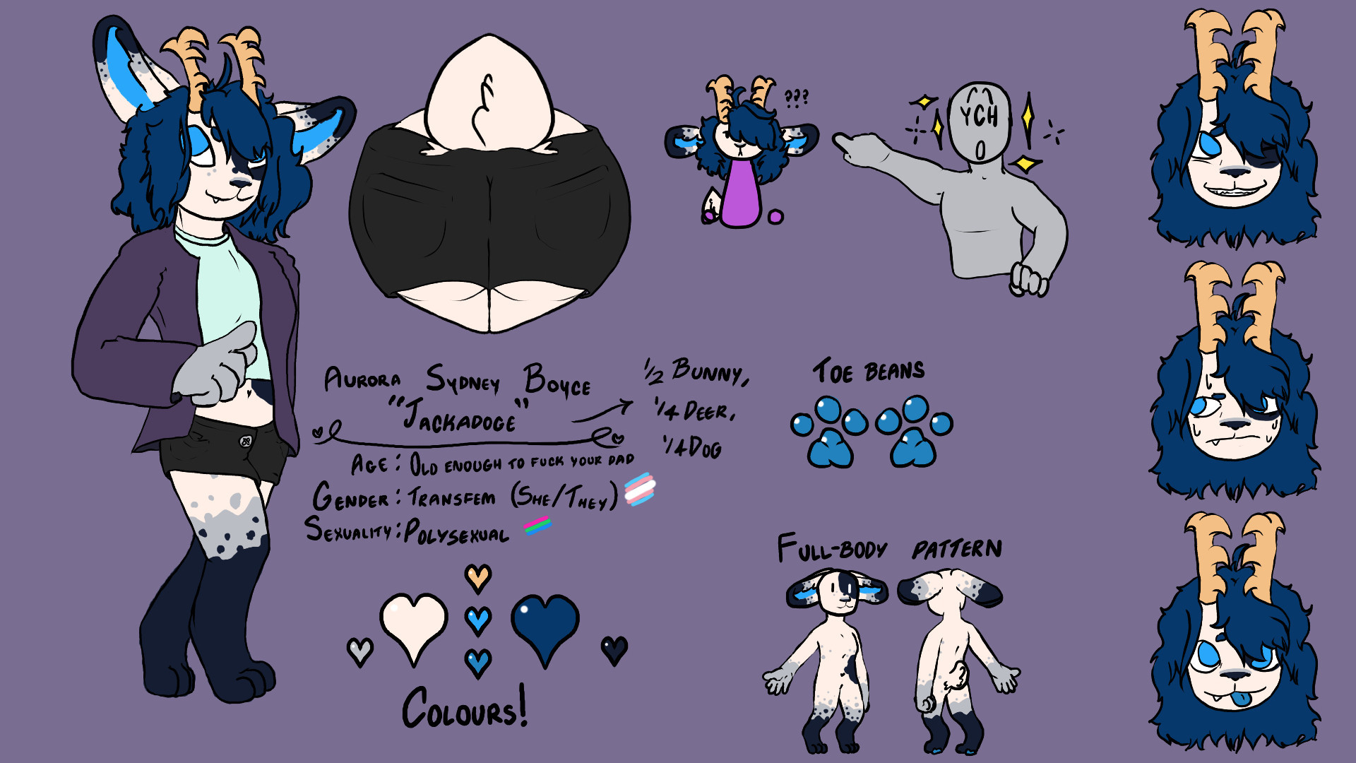 sfw reference sheet of my fursona, Aurora, a rabbit-dog-deer hybrid