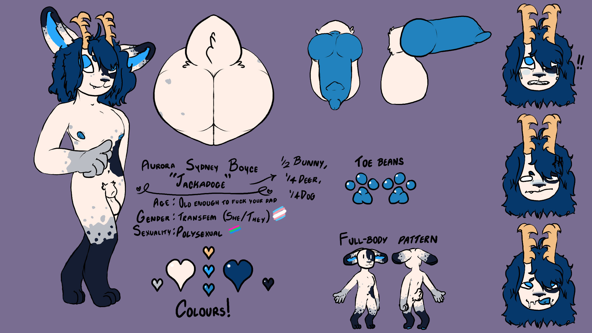 nsfw reference sheet of my fursona, Aurora, a rabbit-dog-deer hybrid