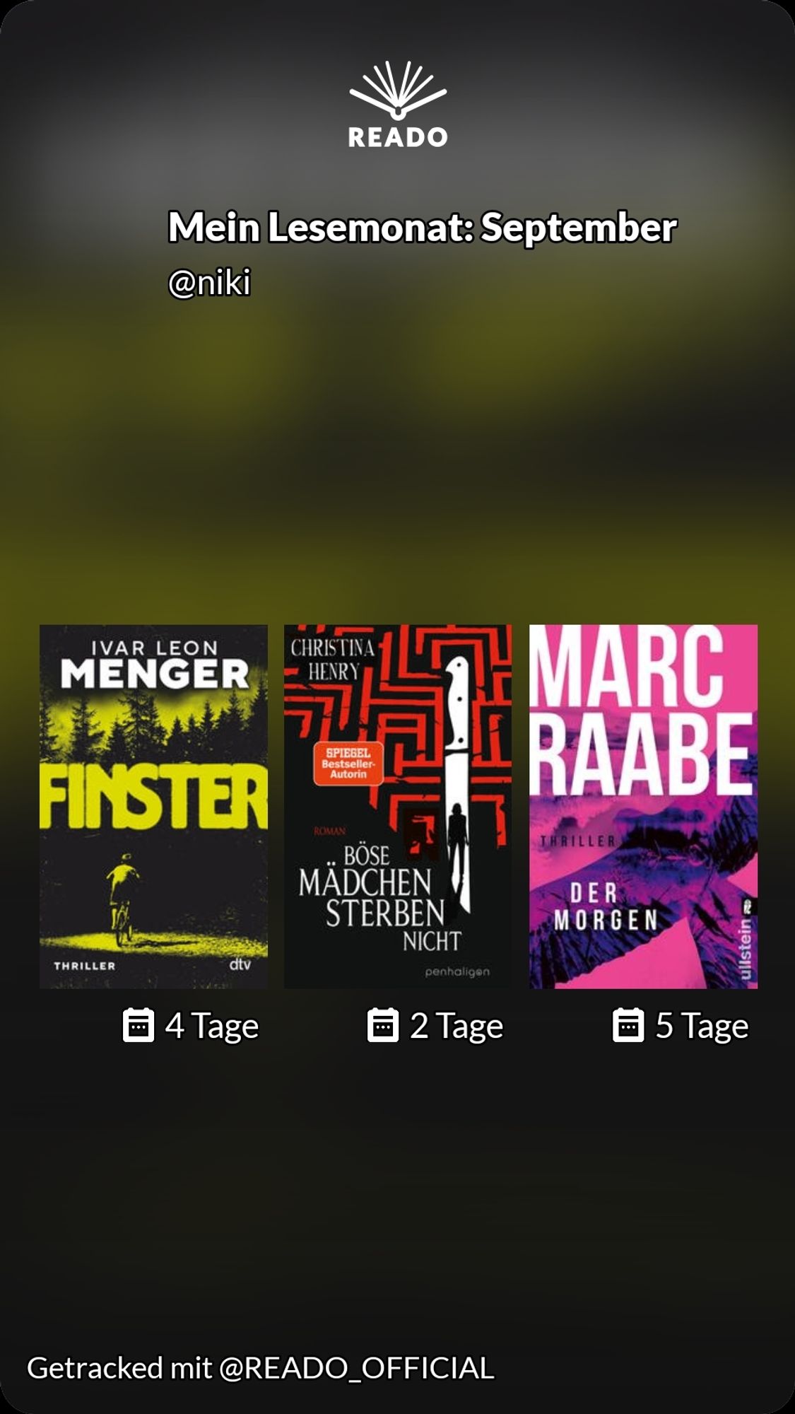 Ivar Leon Menger: Finster
Christina Henry: Böse Mädchen sterben nicht 
Marc Raabe: Der Morgen