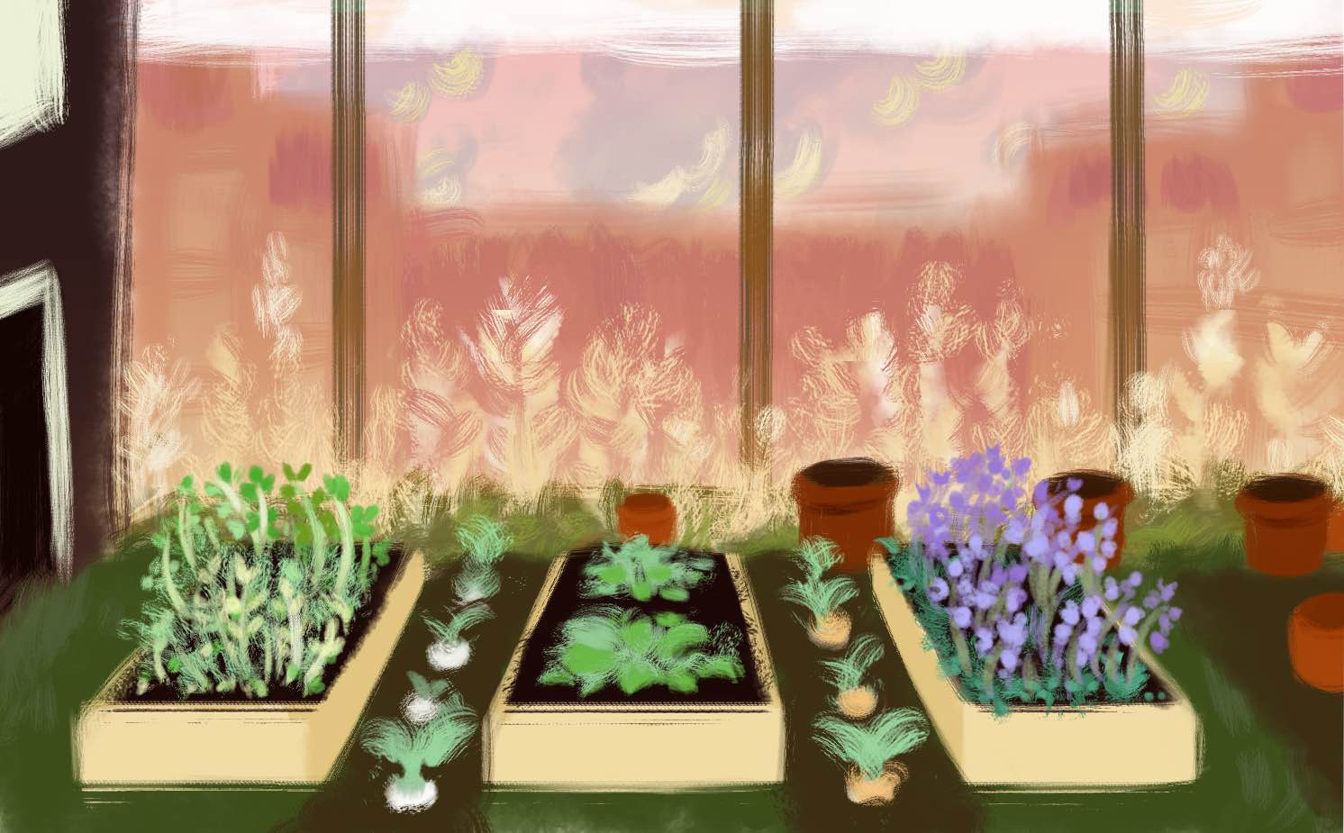 Art of Atomland’s community gardens. It depicts herbs and carrots growing in alternating plots. In the upper right corner are some brown gardening pots, whilst in the left hand corner is a warehouse. Behind them, in the background, is the silhouette of Atomland’s apartments and some wheat.