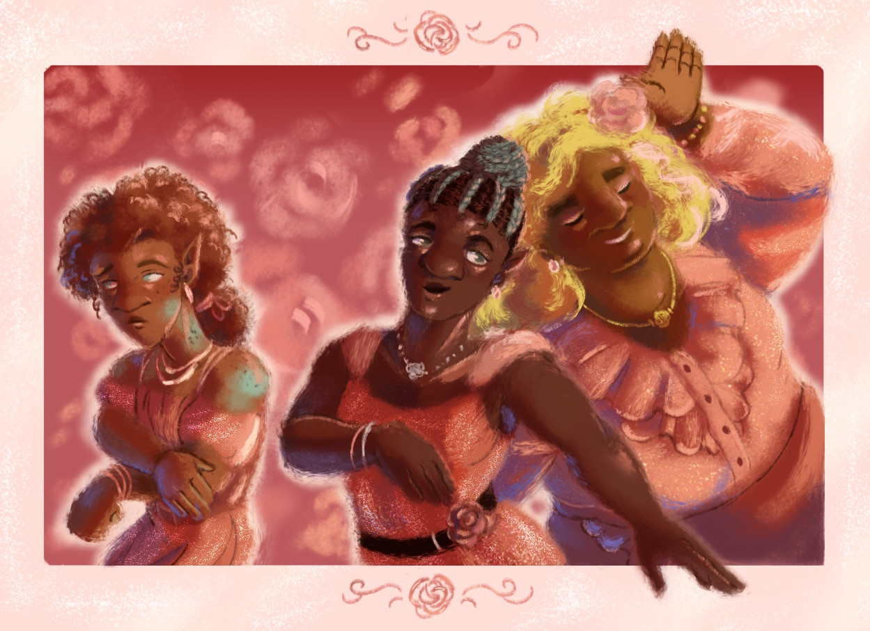 Art of Corliss, Agnes, and Aurelian, dressed in sparkly rose gold outfits. They are the personifications of copper, silver and gold respectively. Agnes and Aurelian are joyfully dancing. By contrast Corliss is looking away from them, with a despondent expression on her face. The three of them stand against a pink background patterned with roses.