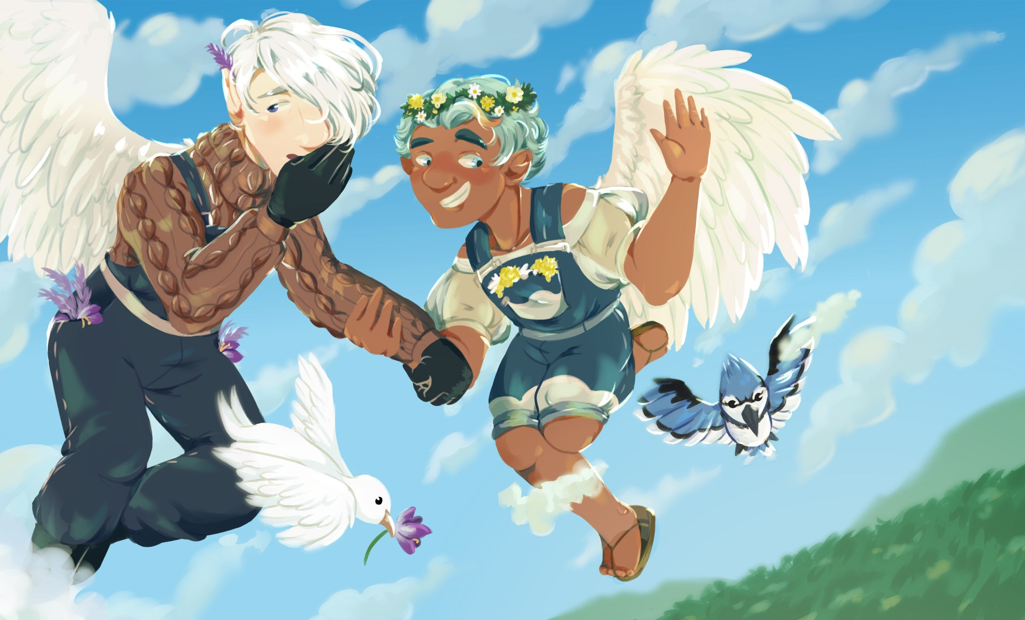 Art of Niall (on left) and Oskar (on right). Niall has a surprised expression, with a hand clasped over his mouth. Oskar is grinning whilst waving at the viewer. They are both floating midair in a cloudy blue sky. Birds and flower petals fly in front of them.