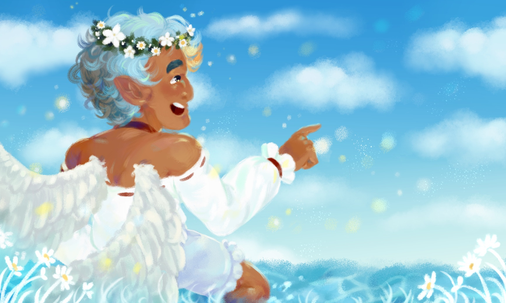 Halfbody art of my OC Oskar. They are smiling with an open mouth, walking in the sea with their hand pointing at the sky. Fireflies can also be seen flying around them. The background consists of a blue sky with clouds, a sea, and white flowers.