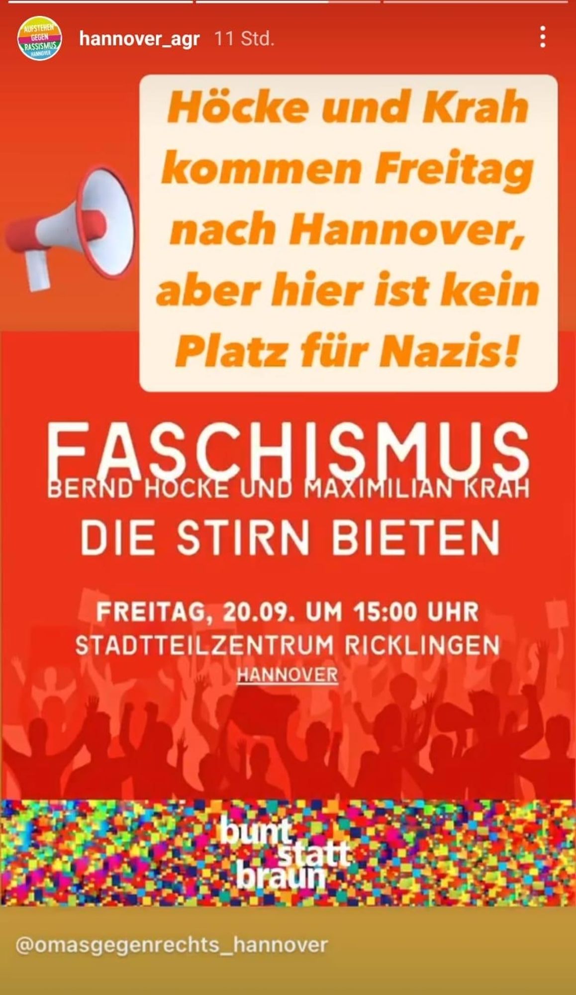 Höcke und Krah kommen Freitag nach Hannover, aber hier ist kein Platz für Nazis!

FASCHISMUS

BERND HOCKE UND MAXIMILIAN KRAH

DIE STIRN BIETEN

FREITAG, 20.09. UM 15:00 UHR

STADTTEILZENTRUM RICKLINGEN

HANNOVER

bunt statt braun