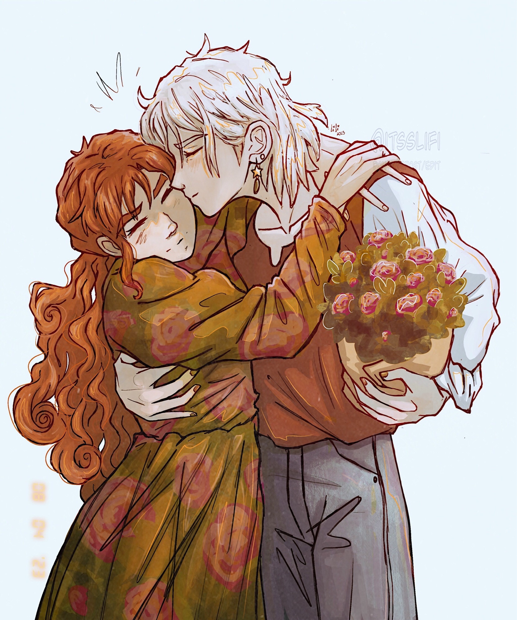 a digital drawing showing the characters howl and sophie from the book howl‘s moving castle with their arms slung around the other. howl is kissing sophie‘s cheek and holding a pot of pink flowers in one arm. he has very pale blond hair and is wearing a red and white shirt tucked into a pair of jeans. sophie has ginger hair which falls down in soft waves and is wearing a long green dress with a floral pattern.