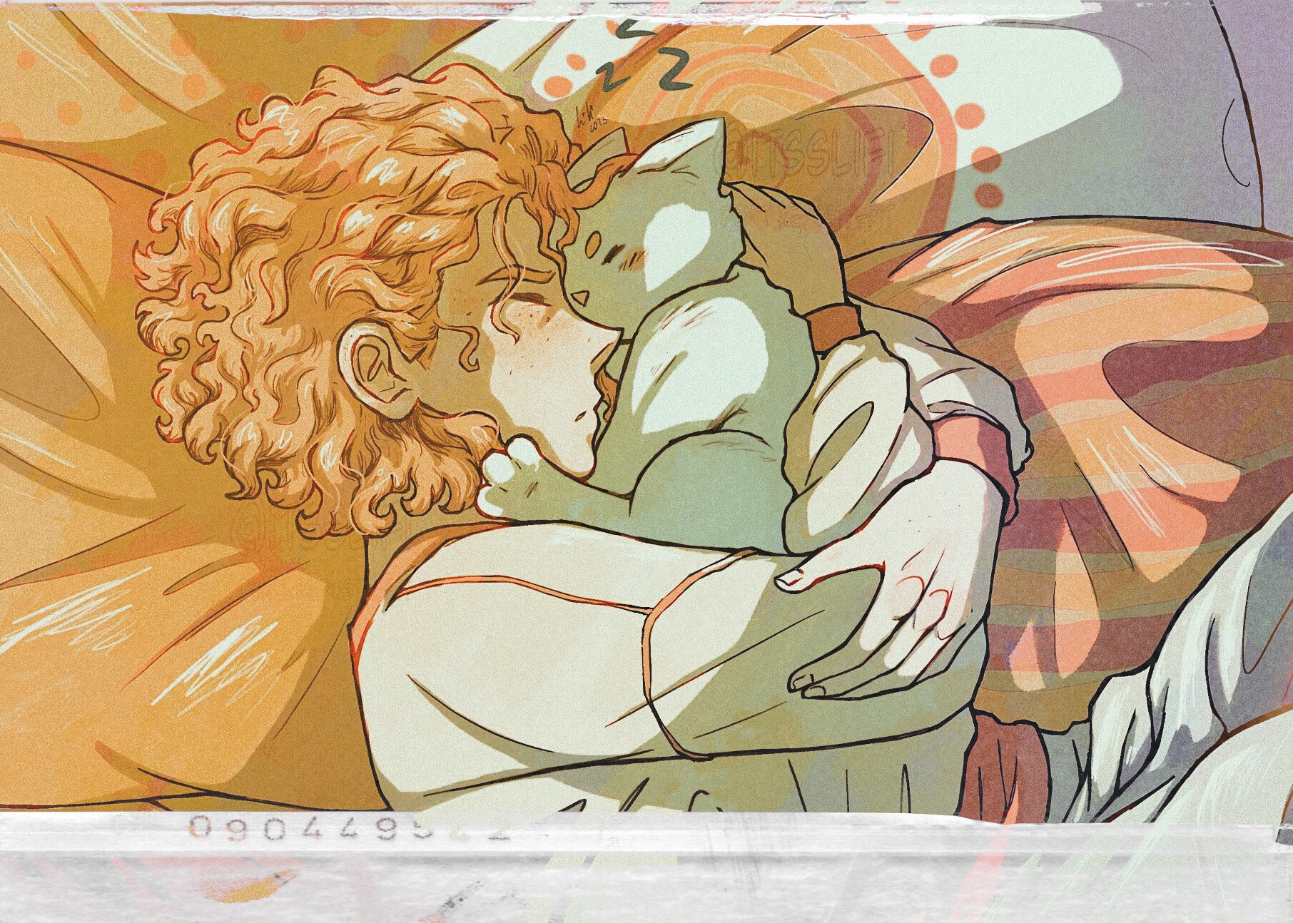 a digital drawing in soft yellow tones showing a white boy with orange hair and a cat like blue creature curled up on pillows together, fast asleep.