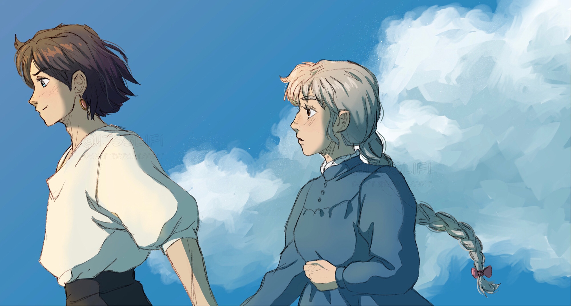 a digital drawing showing the characters howl and sophie from the movie howl’s moving castle walking in front of a blue sky with white clouds. howl appears to be leading sophie by the hand.