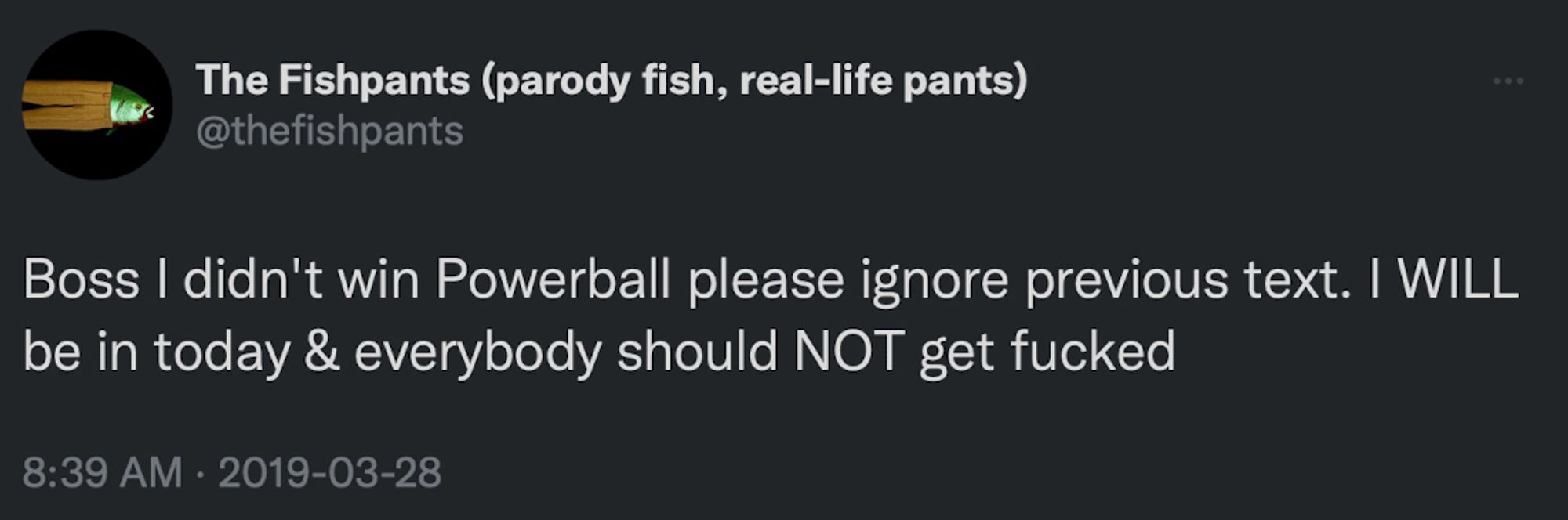 The Fishpants (parody fish, real-life pants)
@thefishpants
Boss I didn't win Powerball please ignore previous text. I WILL be in today & everybody should NOT get fucked
8:39 AM • 2019-03-28