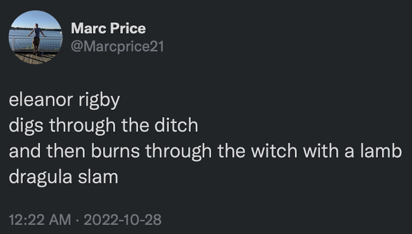 Marc Price
@Marcprice21
eleanor rigby
digs through the ditch
and then burns through the witch with a lamb 
dragula slam
12:22 AM • 2022-10-28