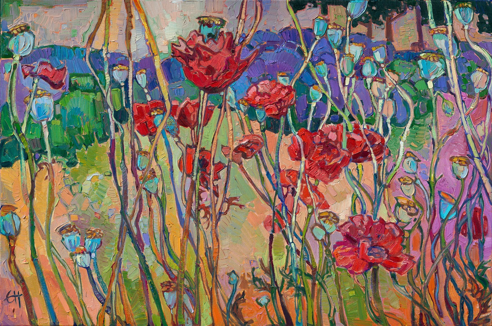 "Washington Poppies"
Original Oil Painting by Erin Hanson
2025
24 x 36 in
https://www.erinhanson.com/portfolio/washington-poppies

About the Painting
I was photographing the lavender fields in Sequim, Washington, when I came across this patch of red poppies. The pop of red against the lavender and tan ground inspired me to create this abstracted landscape painting. The thick brush strokes and subtle color changes capture the beauty of this northwestern scene.
