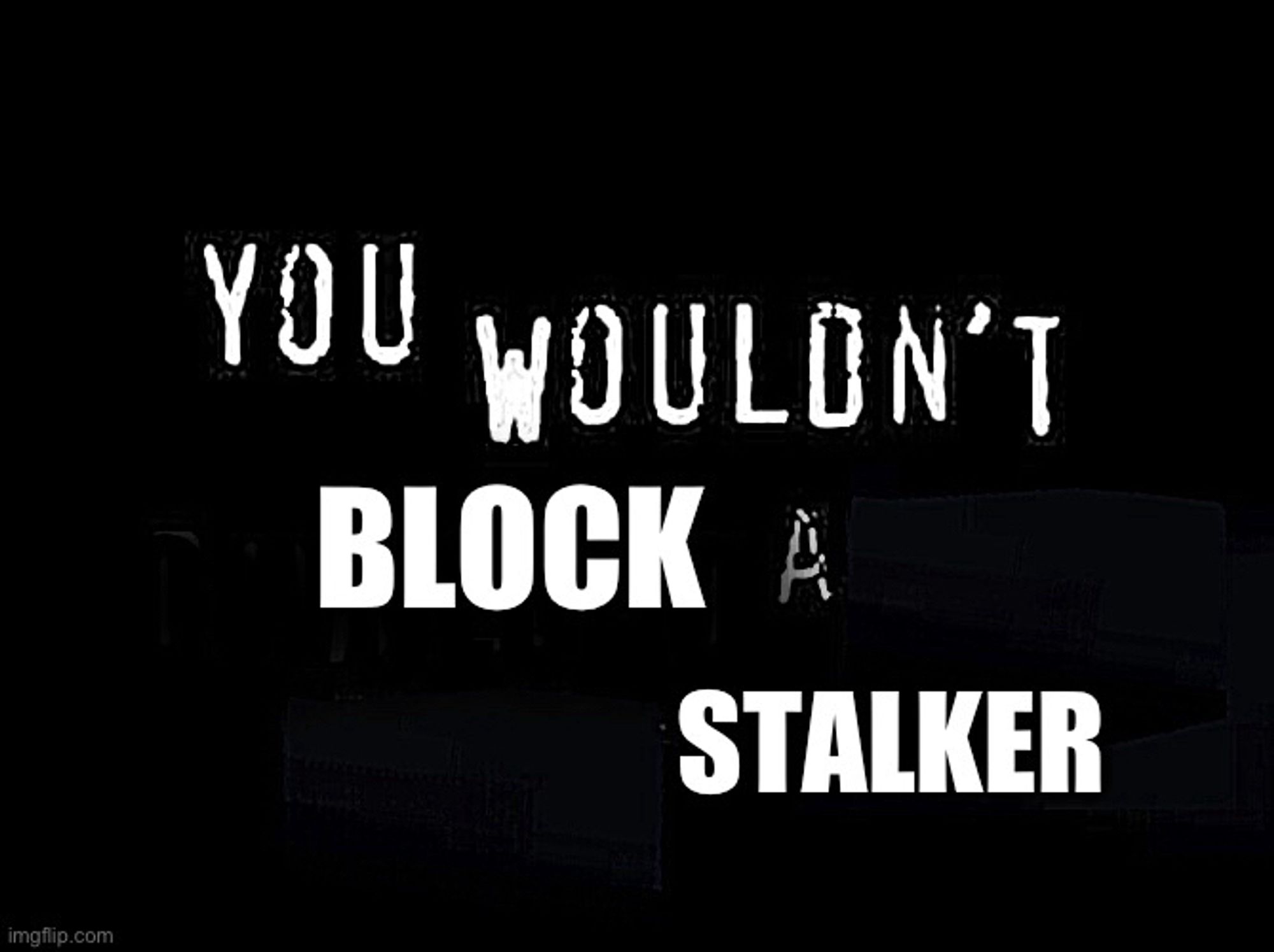 The "You wouldn't download a car" meme, changed to "You wouldn't block a stalker", to mock the blue ticks that are suggesting you shouldn't be able to block your stalkers on Twitter because you can't block them in real life (you can and you should).