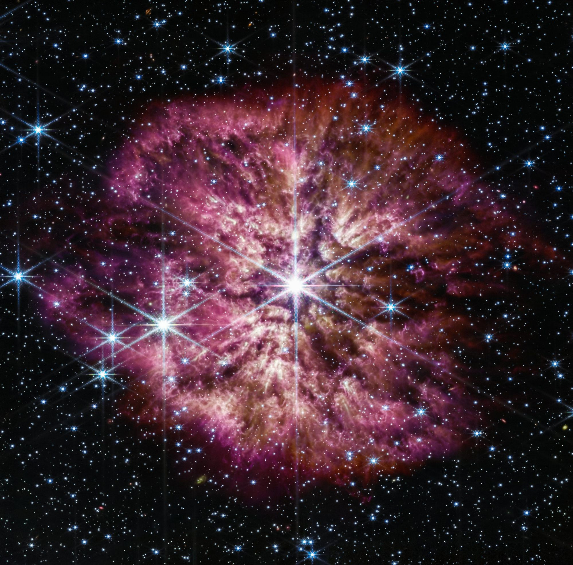 Picture of the hot star Wolf-Rayet 124 (WR 124) by the JWST in near-infrared and mid-infrared wavelengths of light