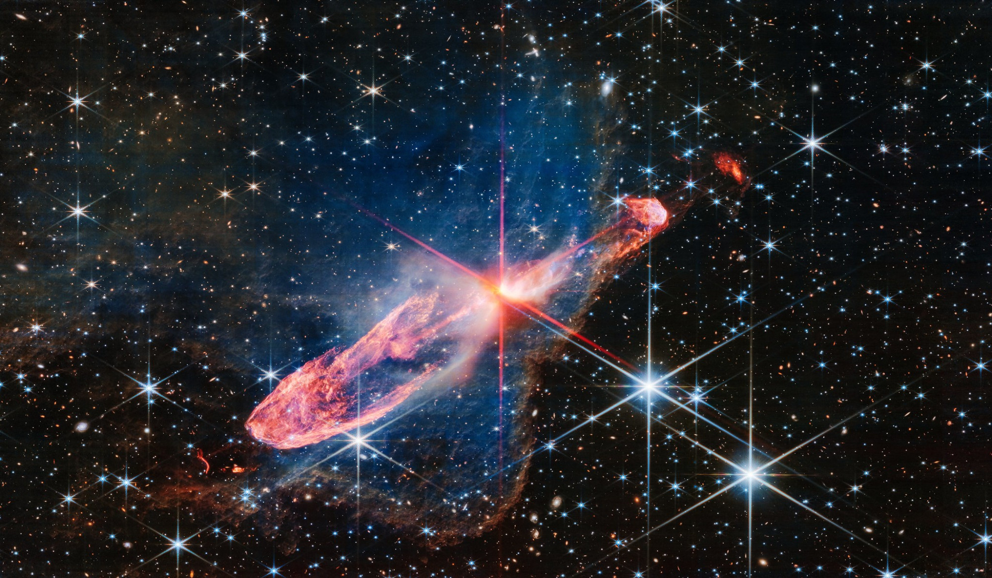 Picture of the tightly bound pair of actively forming stars, known as Herbig-Haro 46/47, in high-resolution near-infrared light by the JWST