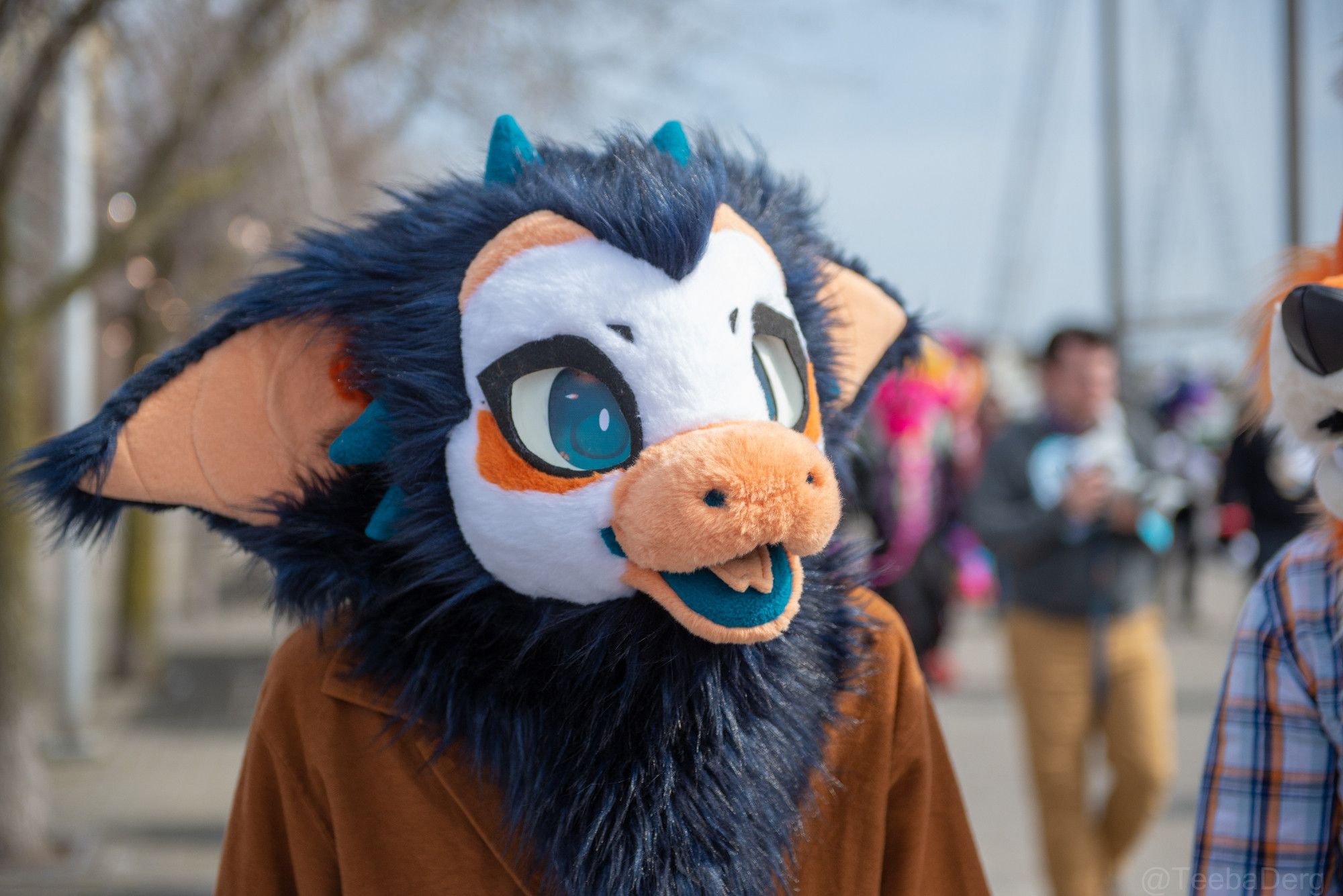 Kobold Fursuiter looking up and to the side, outside in Toronto.