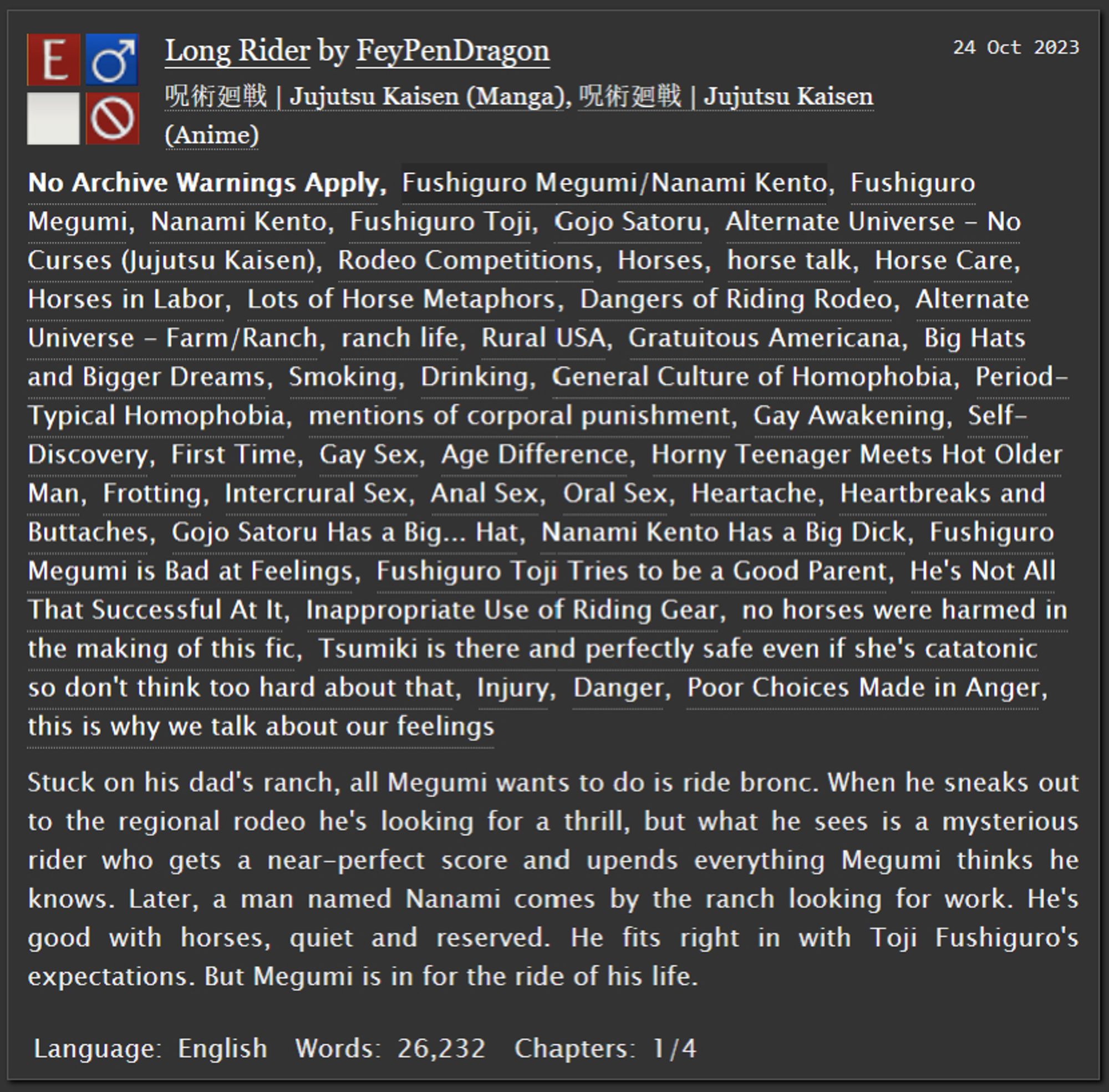 Screen capture of content warnings for a new fan fiction work titled Long Rider, by Fey Pen Dragon. A Jujustu Kaisen alternate universe story involving Nanami Kento, Fushiguro Megumi and riding rodeo. Explicit sexual content, gay awakenings, lots of horses. Full tags and summary at A O 3 dot org.