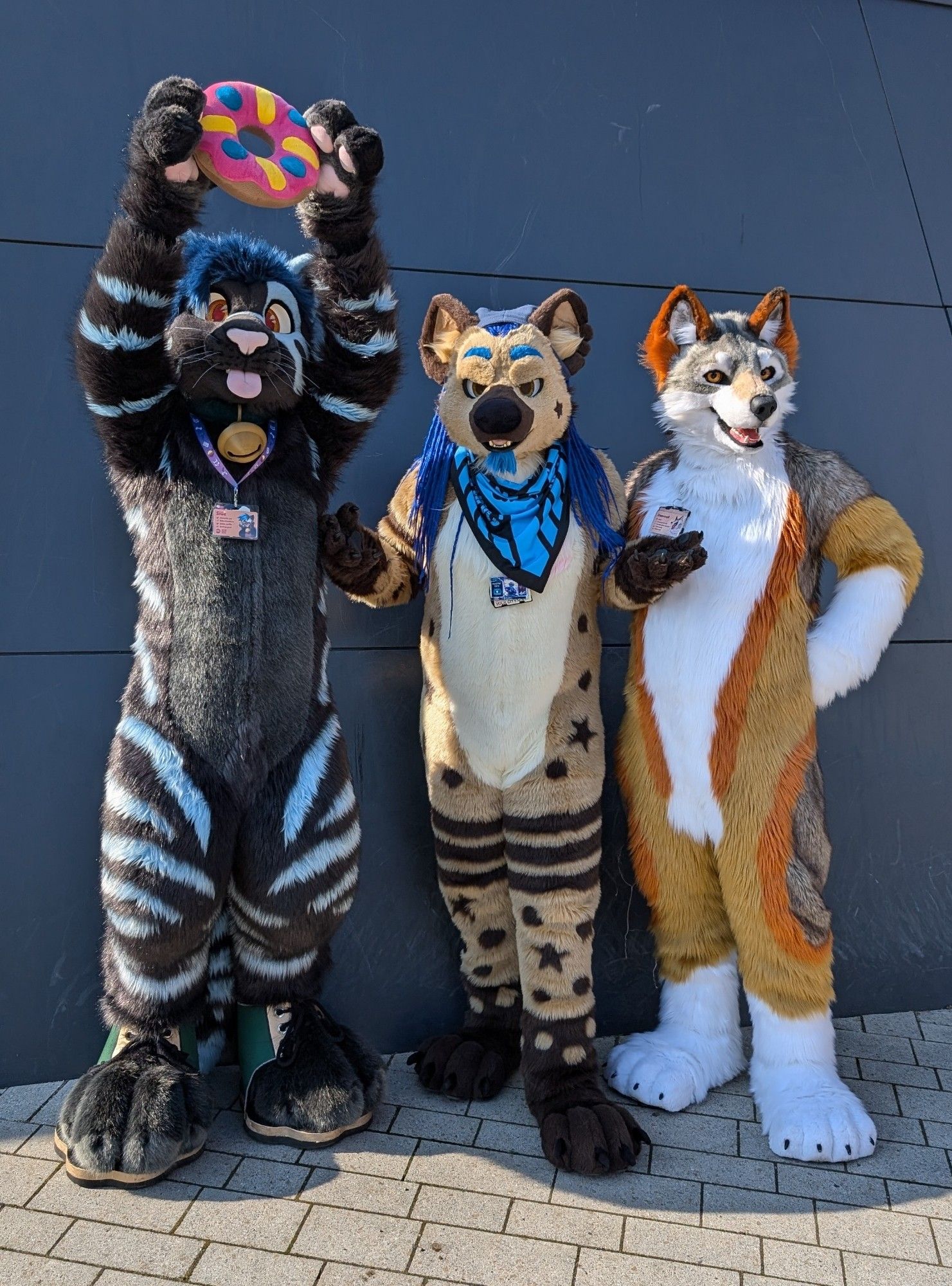 Sige the cat holding a donut like the holy grail, Xyke the yeen being befuddled and Demianwolf enjoying the scenery, all waiting for the Fursuit walk to start.