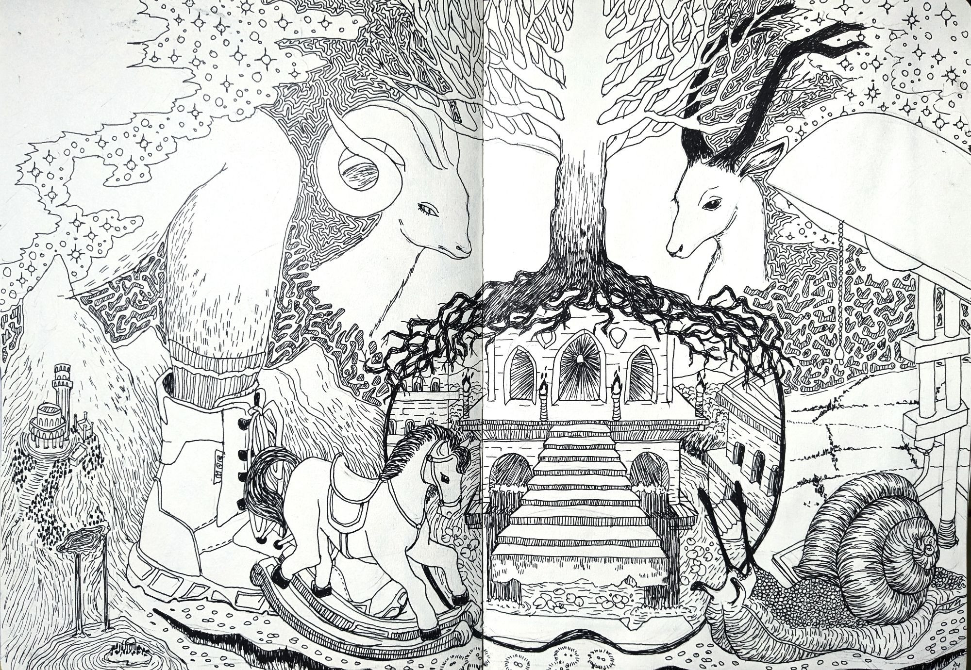 Detailed wheres-waldo-typo ink drawing of a fantasy scene