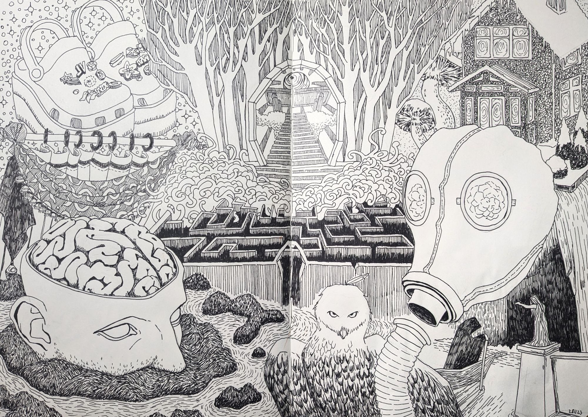 Detailed wheres-waldo-ink-drawing with a labyrinth, an owl, a gingerbread house, a gas mask and an open head