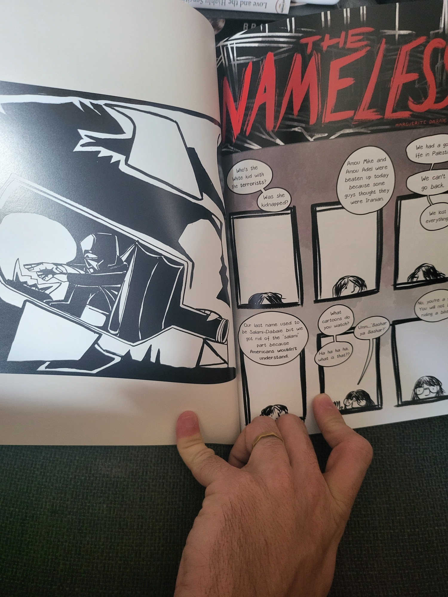 A spread from the book of a political cartoon by Mohammad Sabaaneh and the first page of The Nameless by Marguerite Dabaie. 