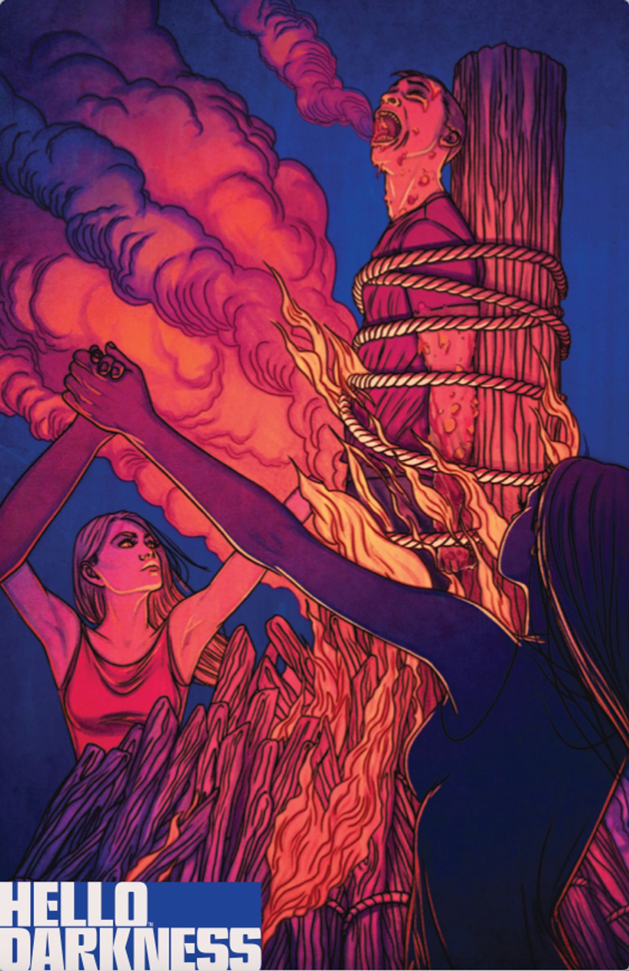 The B cover to Hello Darkness #2 by Jenny Frison. It uses strong blues, pinks, and oranges. A man in a T-shirt is tied to a stake, being burned alive with his skin boiling. Around him is a group of women--maybe a coven of witches--who have their hands joined as they watch him burn.