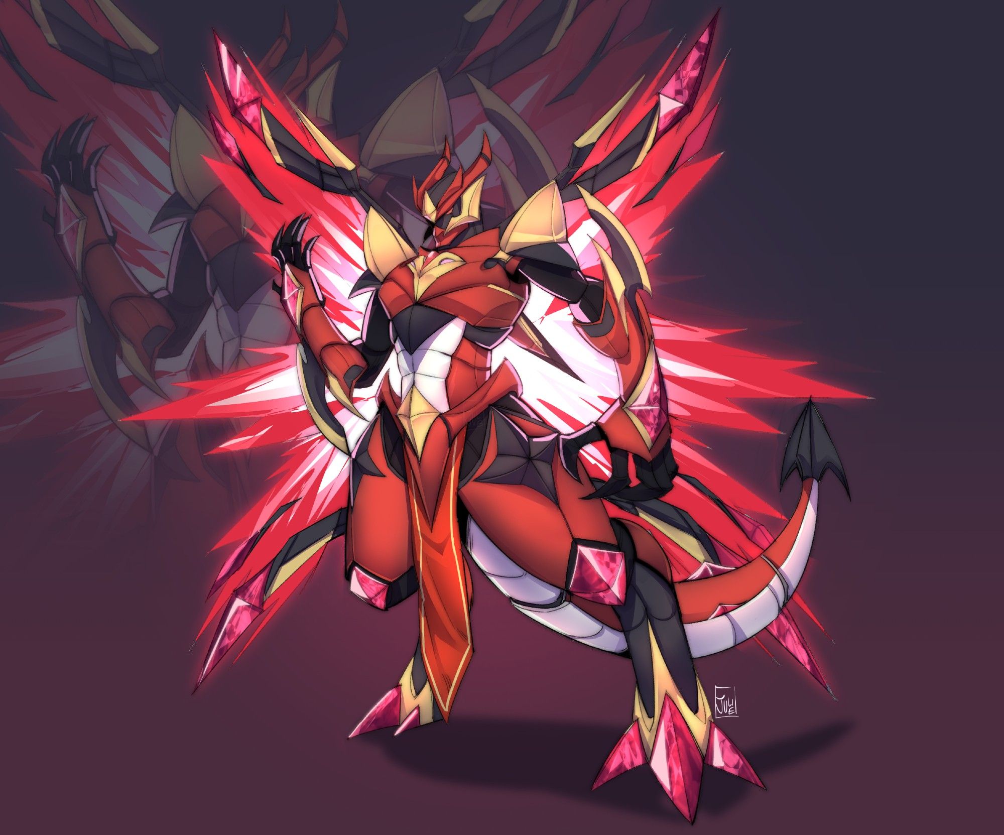 Anthropomorphic mecha character, red with ruby ​​details, large energy wings, and star details on his armor with an imposing pose