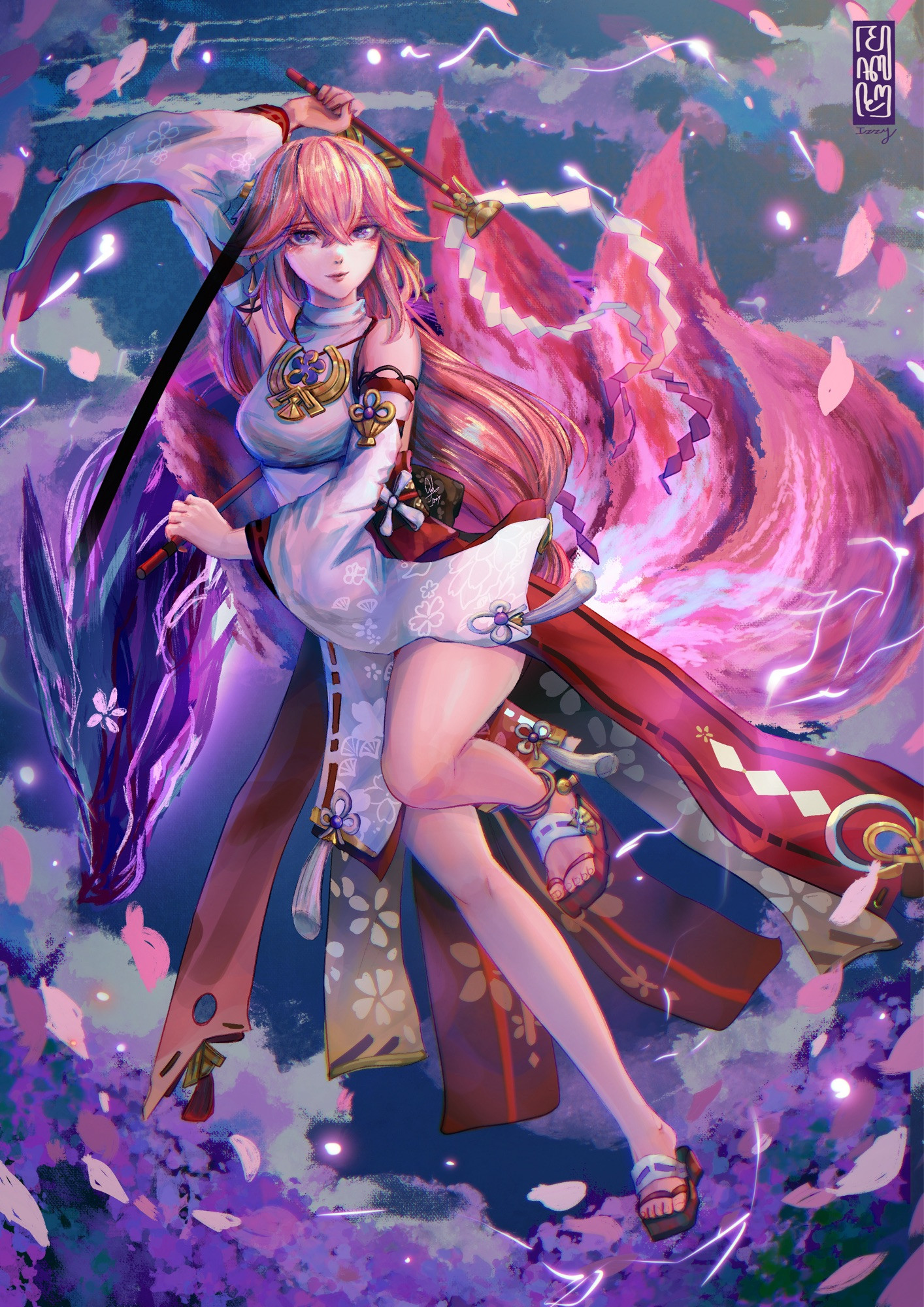 Yae Miko, a character from genshin impact, wielding two exorcism wand surrounded by purple and pink sakura petals in a dynamic pose