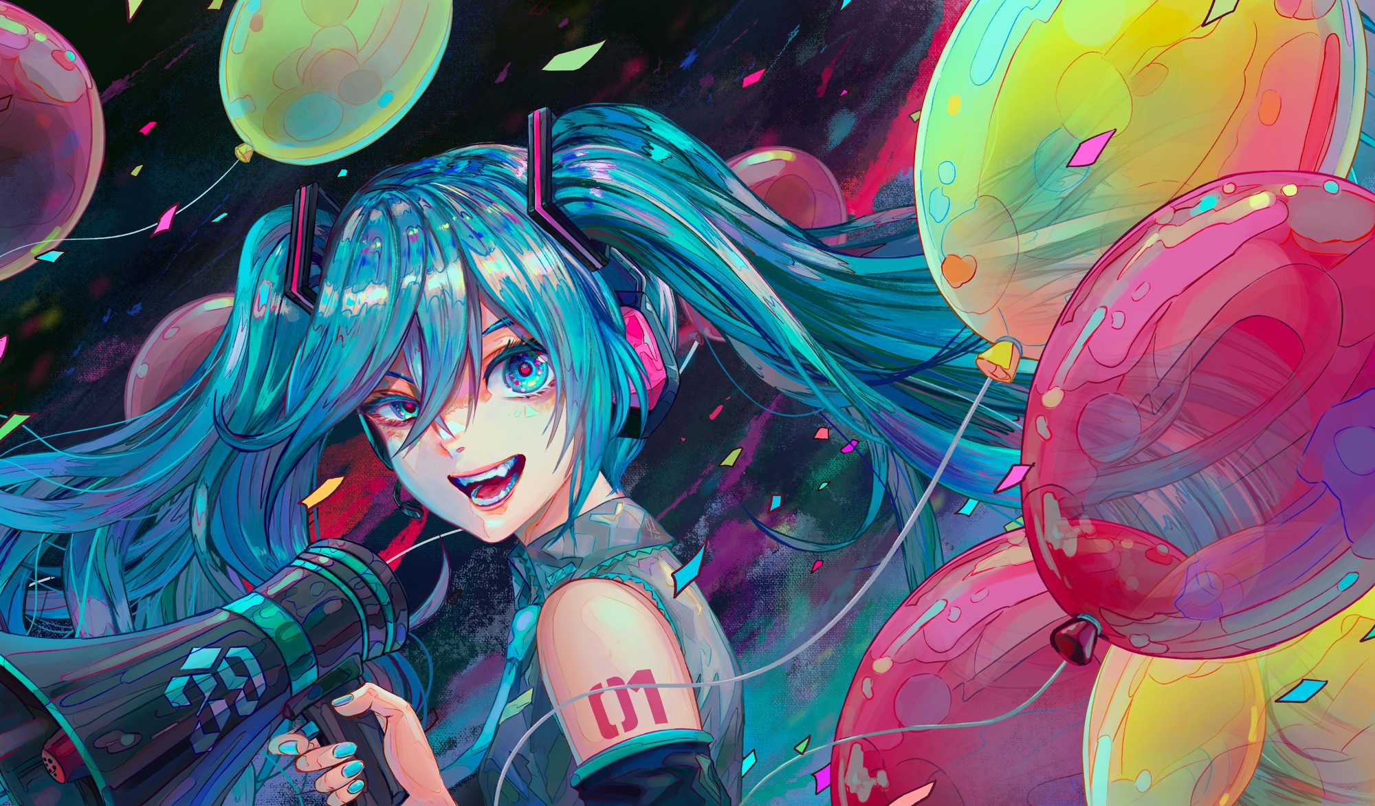 Hatsune Miku holding a megaphone surrounded by red and yellow balloons, fan art in painting style